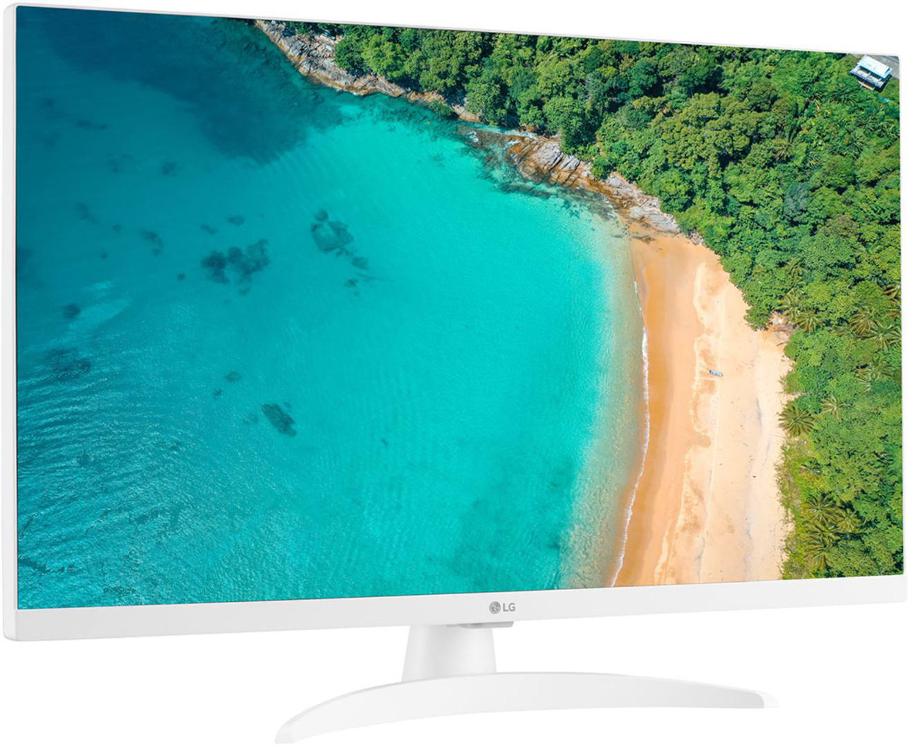 Ein weißer LG-Monitor zeigt eine tropische Küstenlandschaft mit türkisfarbenem Wasser.
