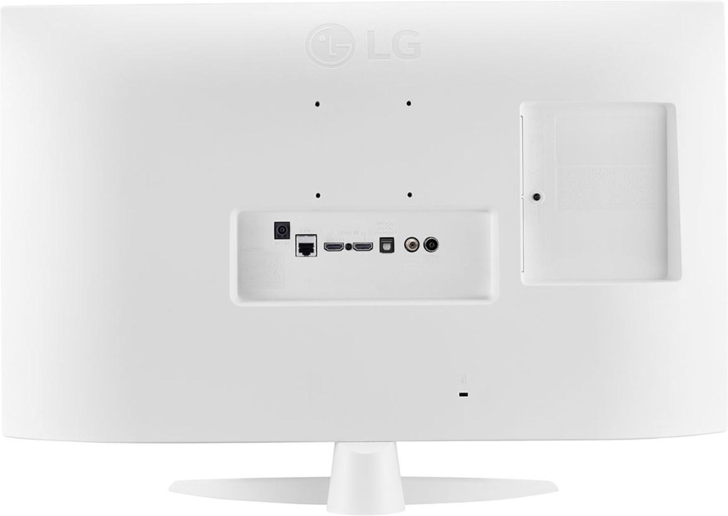 Rückseite eines weißen LG-Monitors mit Anschlüssen und LG-Logo.
