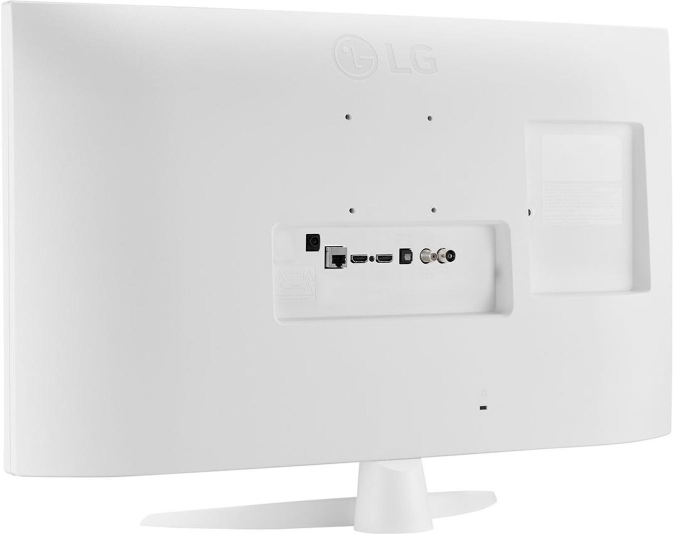 Rückseite eines weißen LG Monitors mit Anschlüssen wie HDMI und USB.