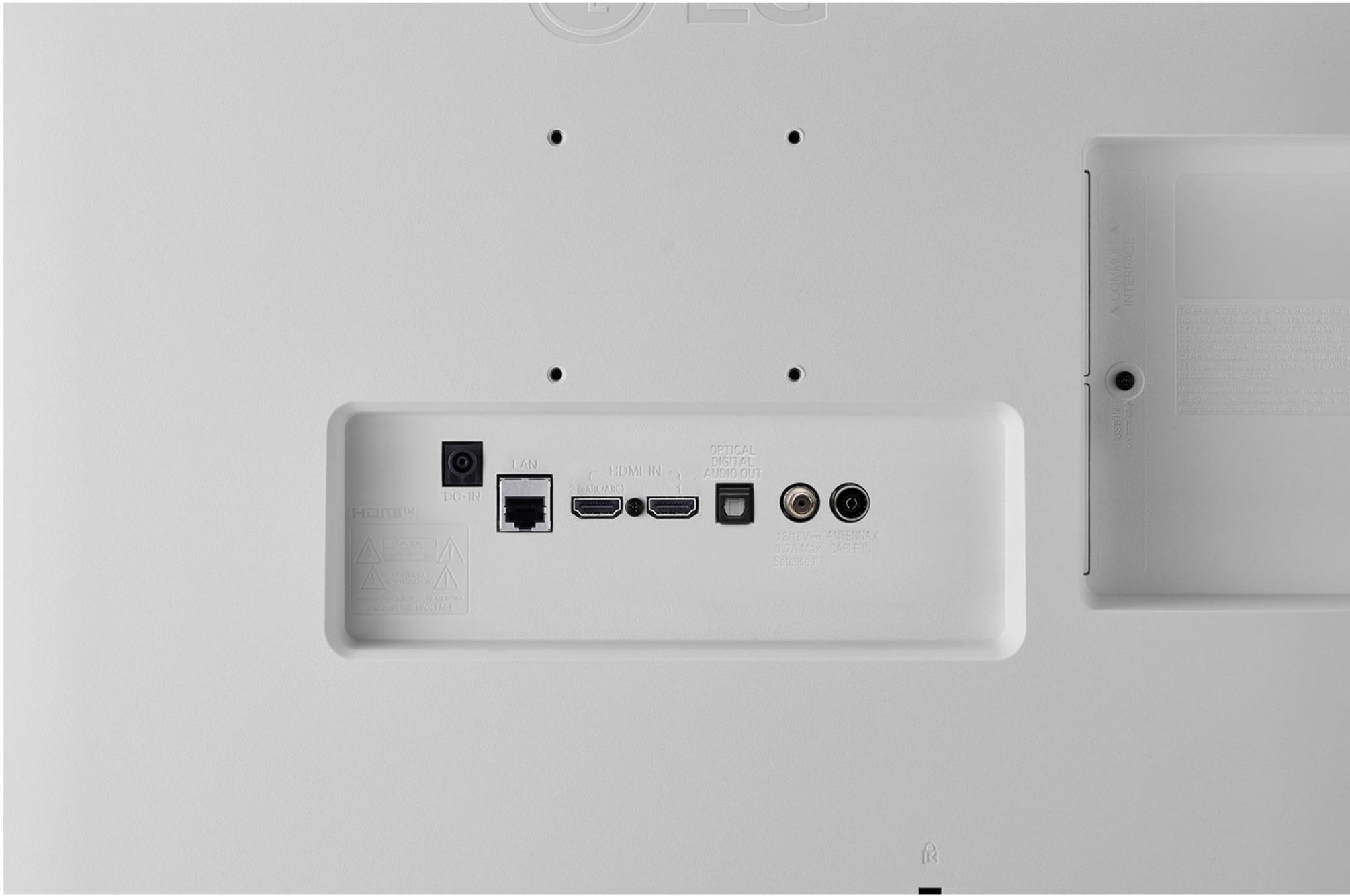 Rückseite eines weißen Geräts mit Anschlüssen: DC-IN, LAN, HDMI, Audioausgang, Antenne.