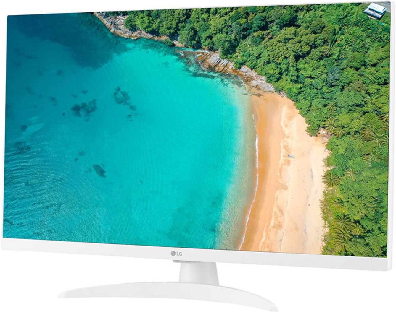 Ein weißer LG-Monitor zeigt eine tropische Bucht mit türkisfarbenem Wasser.