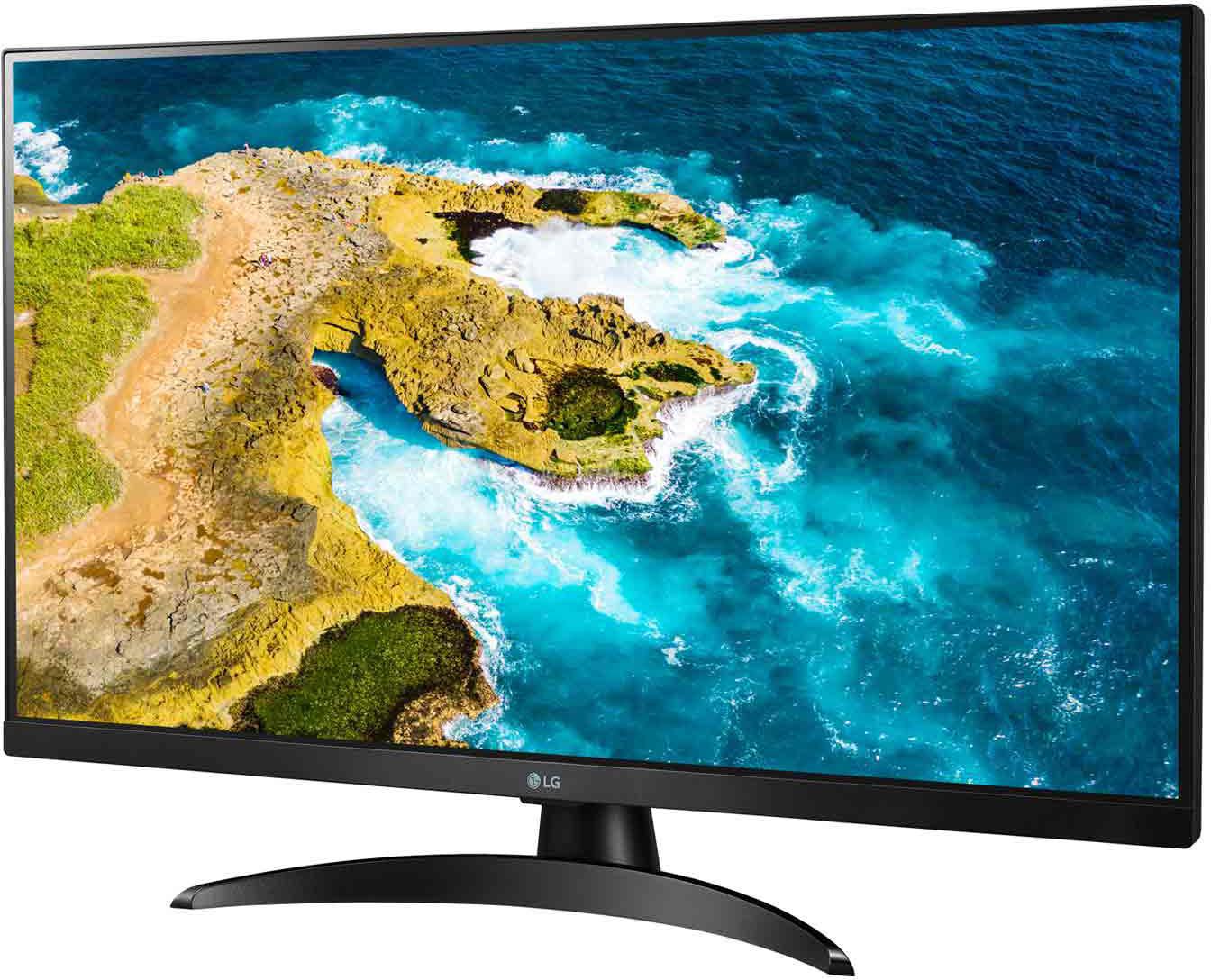 Ein LG-Monitor zeigt eine felsige Küste mit türkisfarbenem Wasser und Wellen.