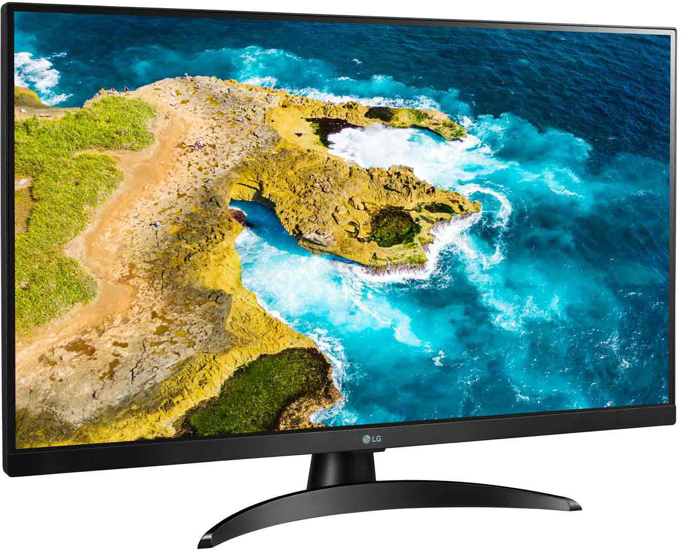 Ein Monitor zeigt eine Felsküste mit türkisfarbenem Wasser, das gegen Felsen schlägt.