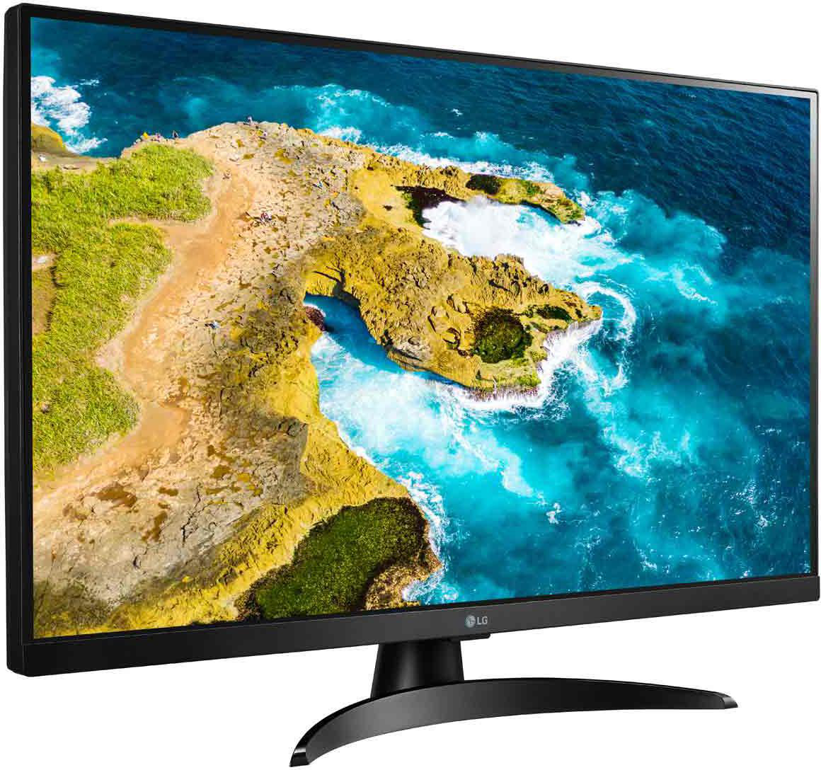 Ein Monitor zeigt eine felsige Küste mit türkisfarbenem Wasser und Wellen.