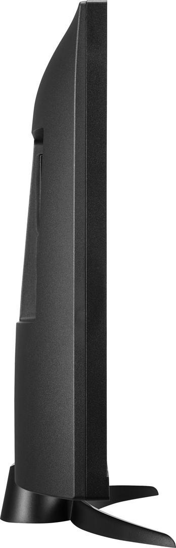 Seite eines schwarzen Monitors mit schmalem Standfuß.
