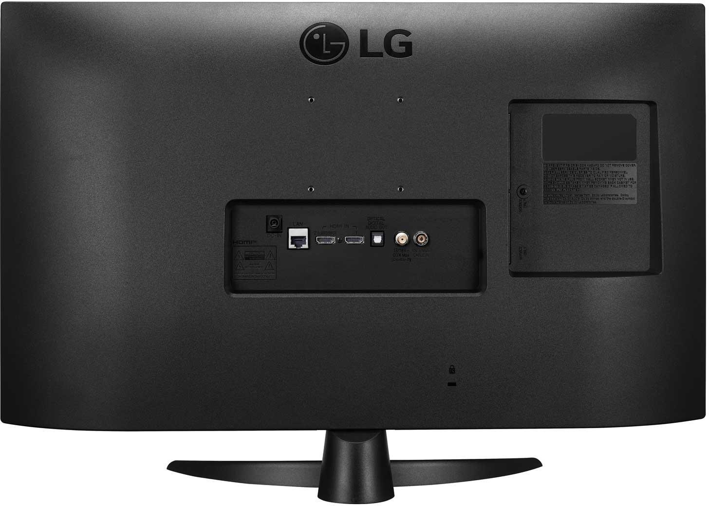 Rückseite eines schwarzen LG Fernsehers mit Anschlüssen wie HDMI, LAN und DC-IN.