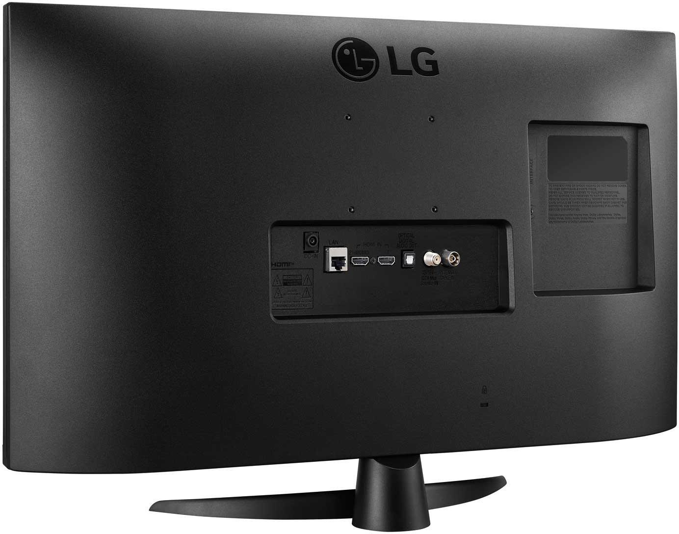 Rückseite eines schwarzen LG-Fernsehers mit Anschlüssen wie LAN, HDMI und Antenne.