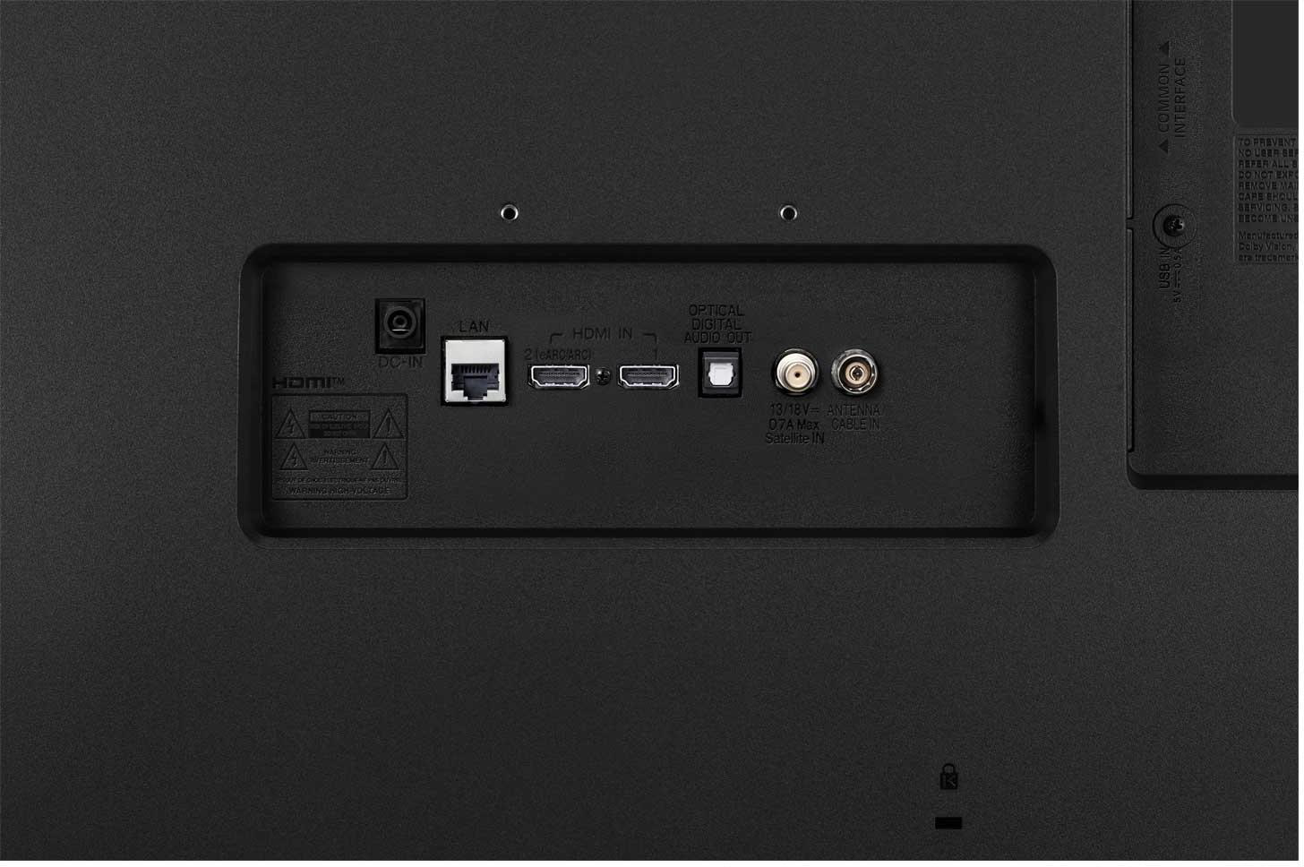 Rückseite eines Fernsehers mit Anschlüssen: DC-IN, LAN, HDMI, optisch, Antenne.
