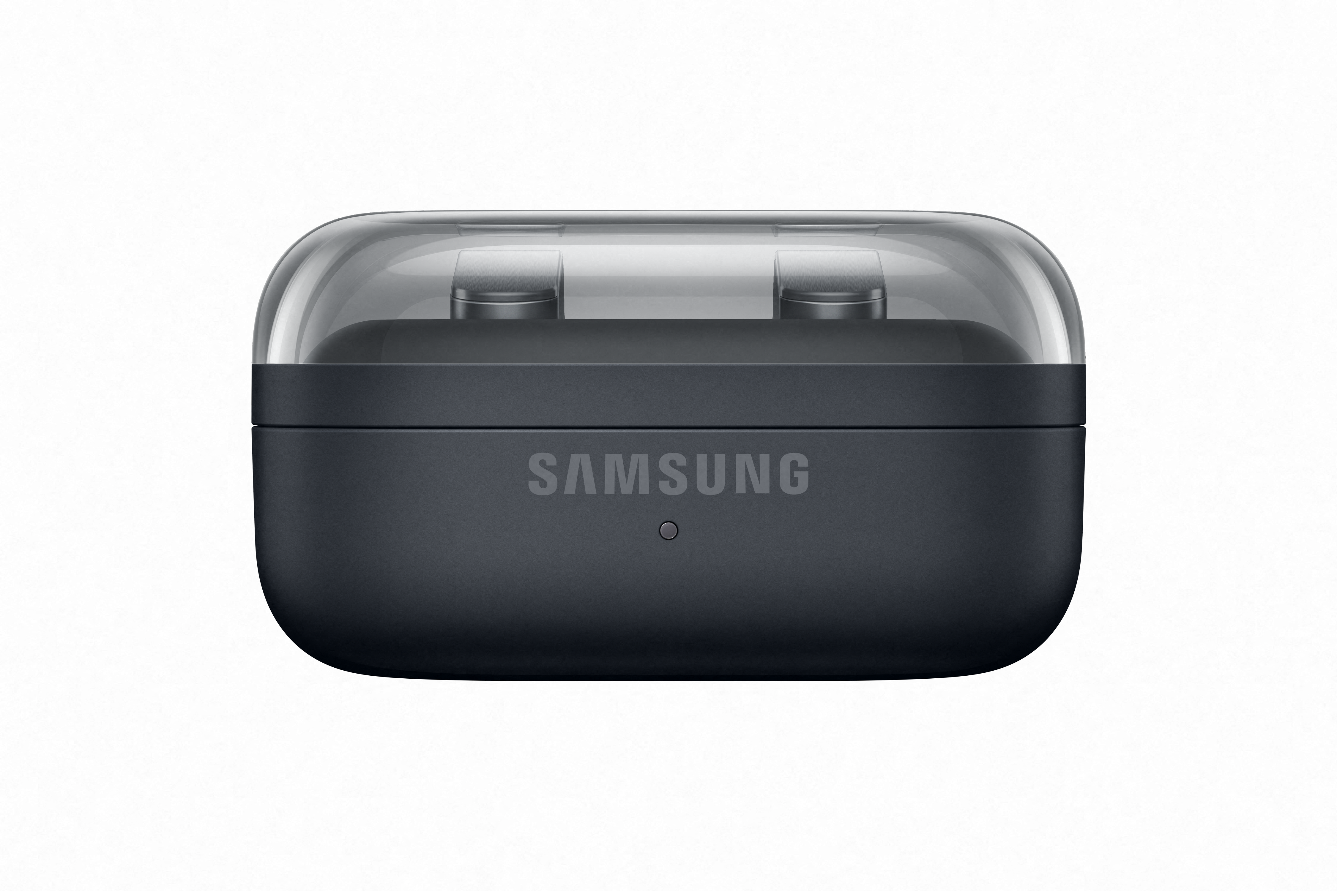 Dunkelgraues Samsung Ladecase mit durchsichtiger Abdeckung und zwei Ohrhörern.