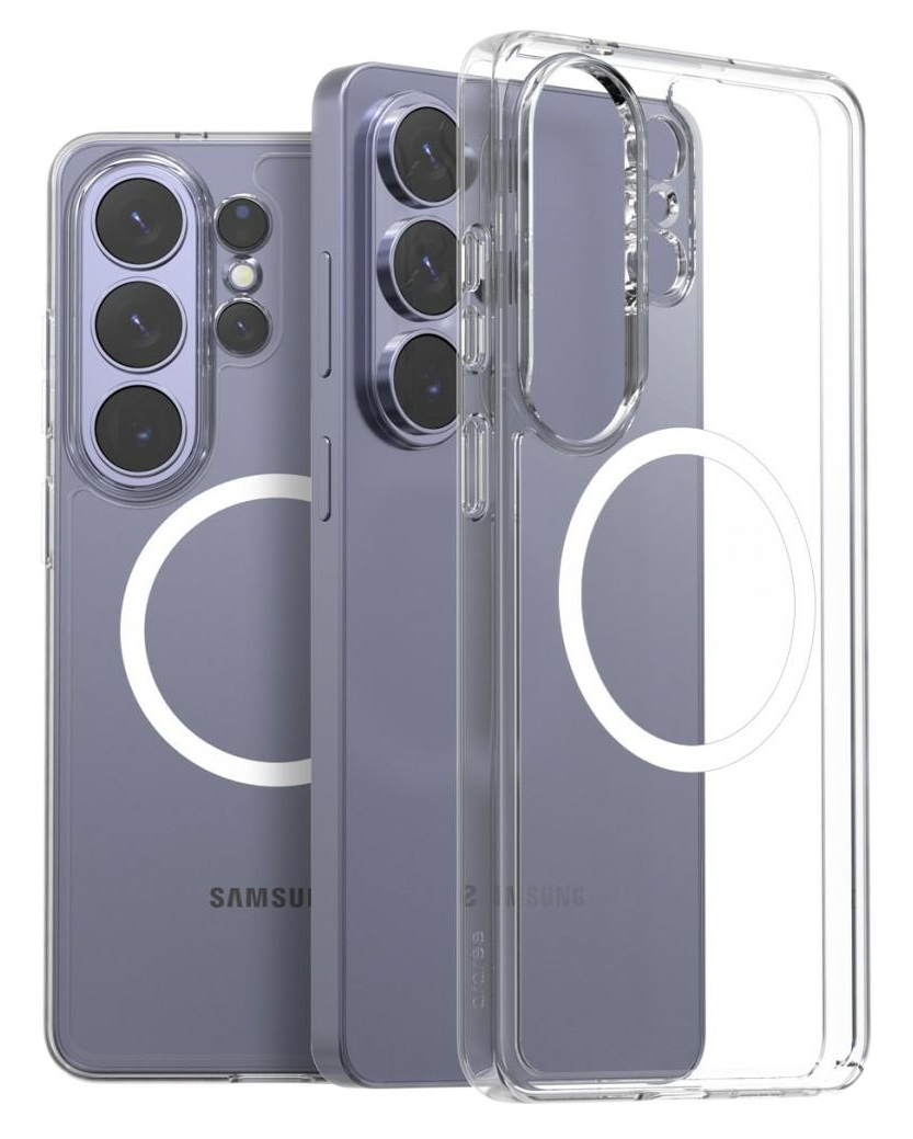 Trzy przezroczyste etui na telefon, jedno z telefonem w środku.