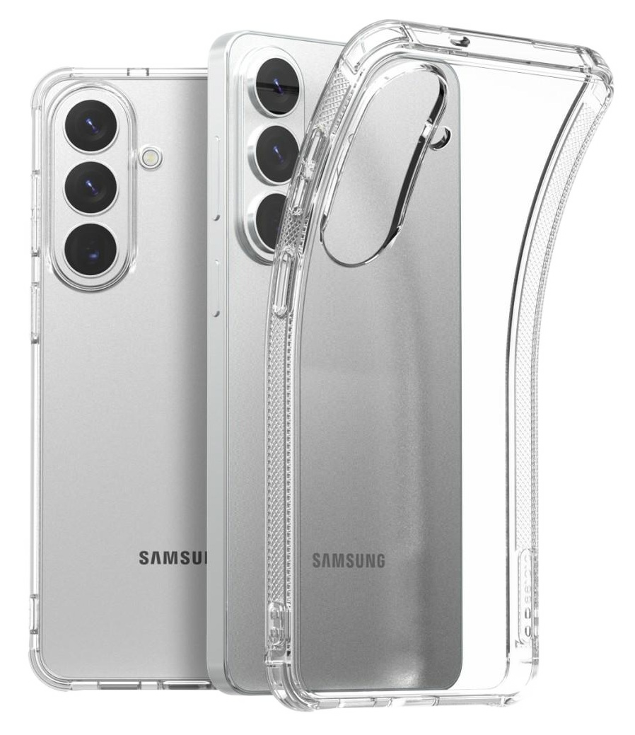 Dwa przezroczyste etui na smartfony Samsung, widoczne są ich tyły.