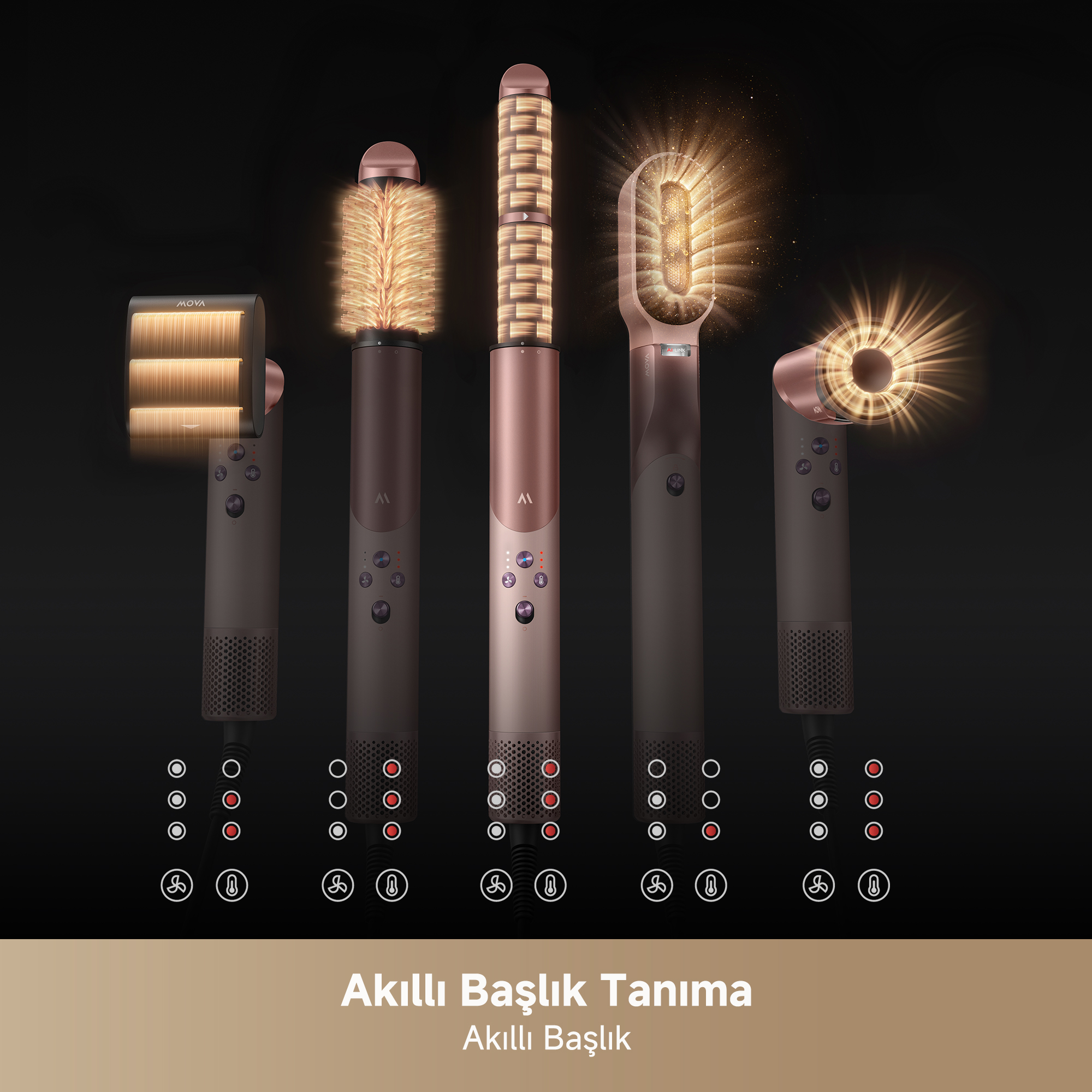Siyah arka plan üzerinde rose gold detaylı beşli saç şekillendirme başlığı.