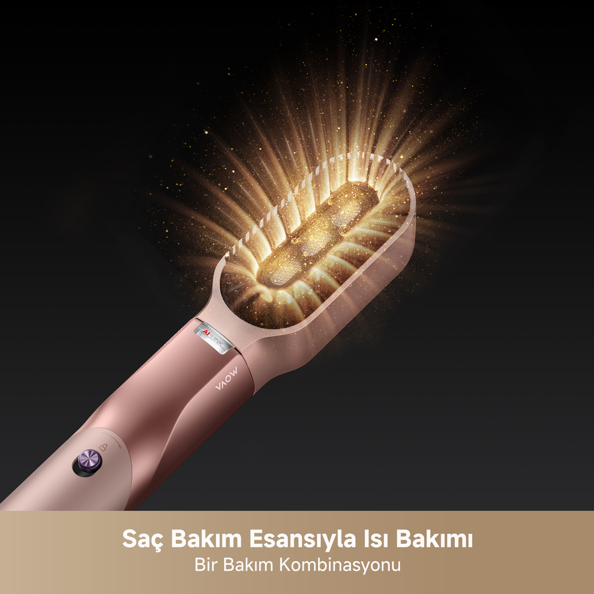 Gül altın rengi saç şekillendirici, kıllardan yayılan altın rengi parçacıklarla.
