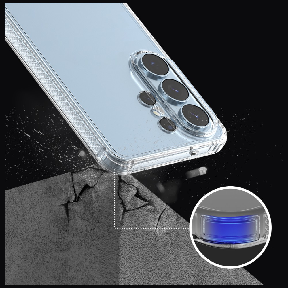 Przezroczyste etui na telefon z modułem aparatu na popękanym podłożu.