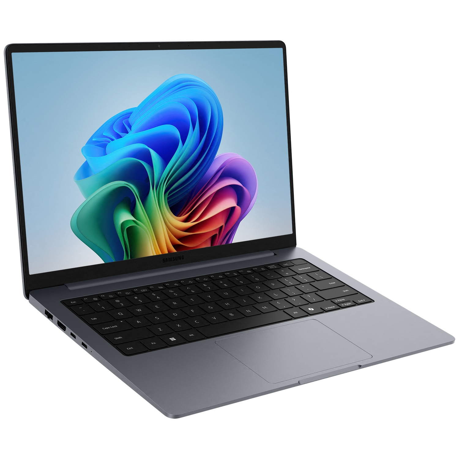 A modern, grey Samsung laptop is open, displaying a colorful abstract wallpaper on its screen.
