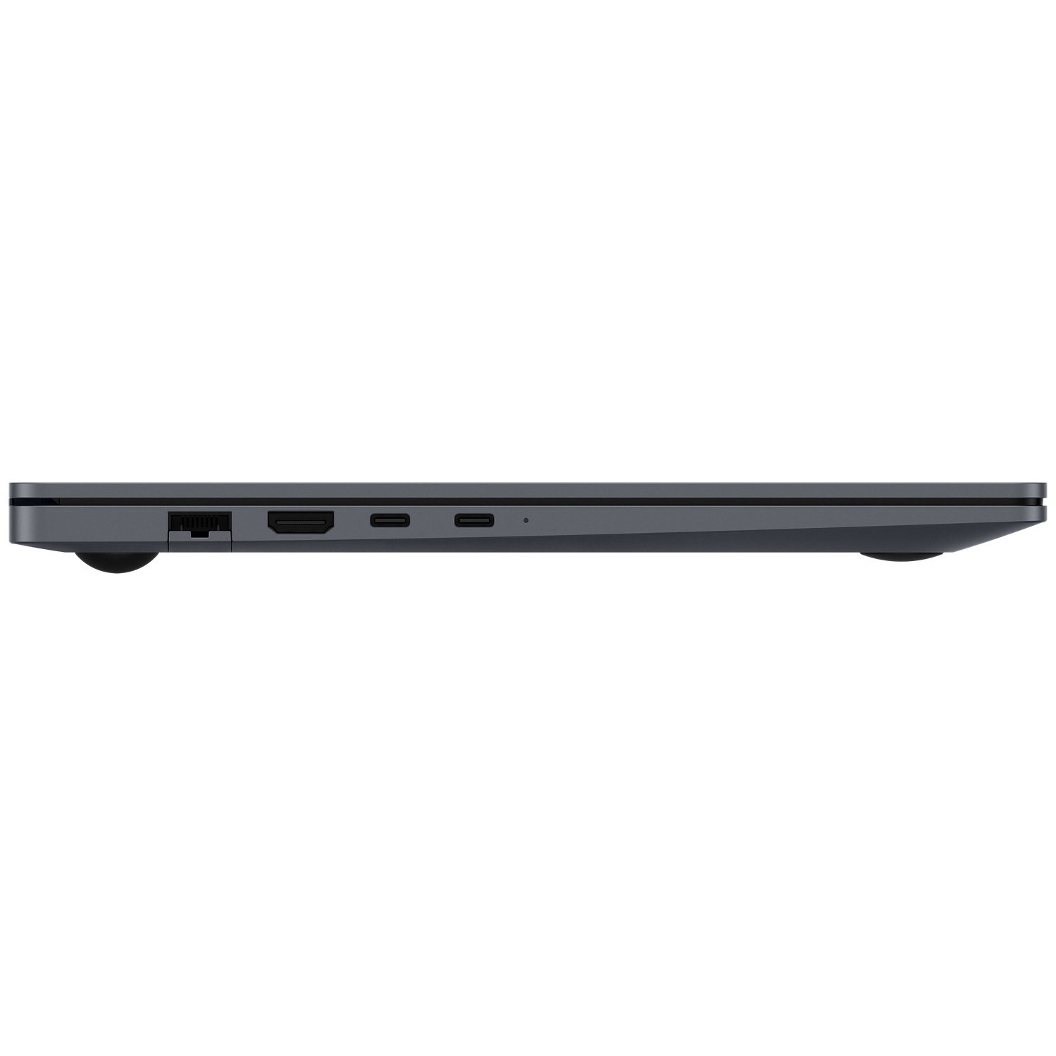 Gray laptop profile showing ports: Ethernet, HDMI, USB-C.