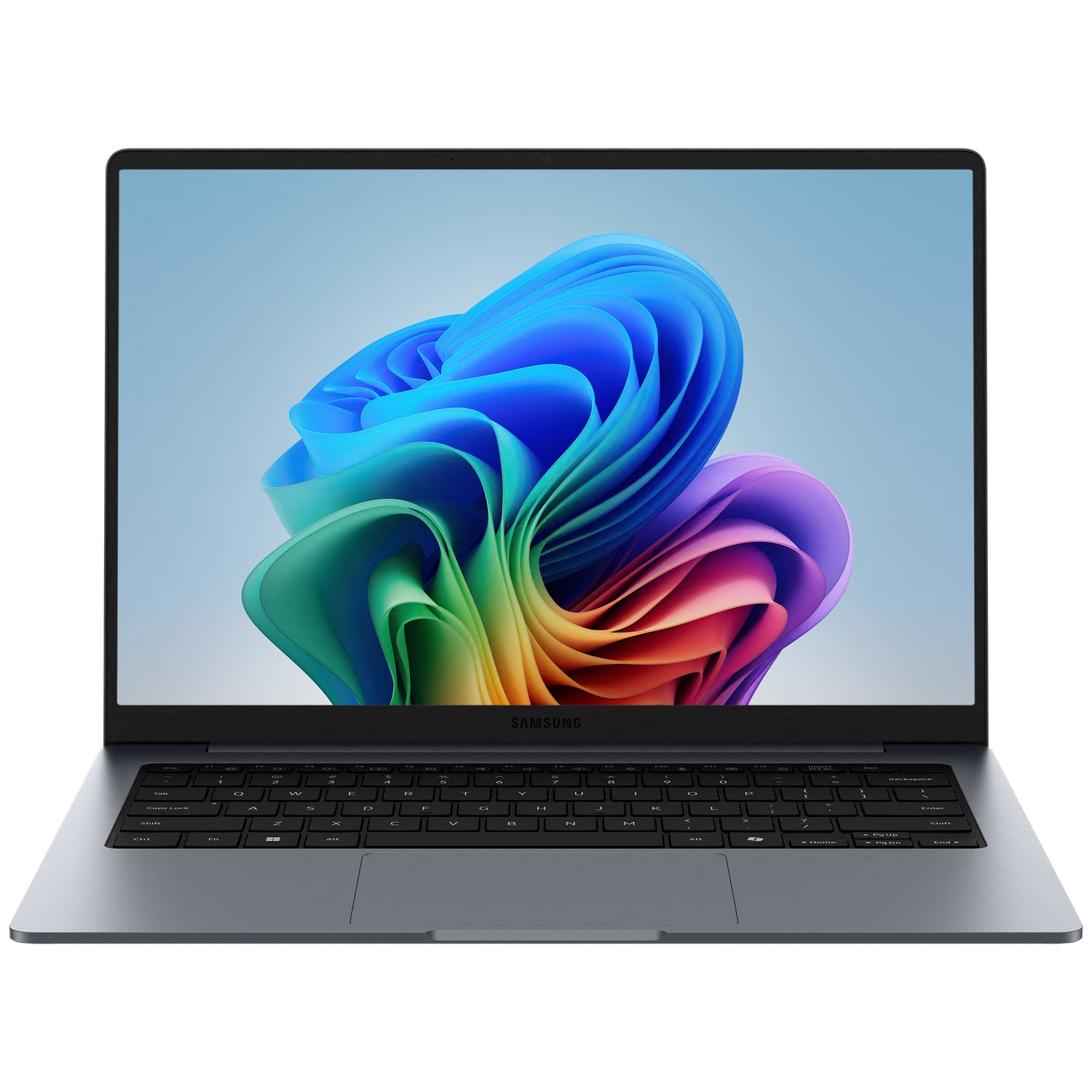 A grey Samsung laptop with a colorful abstract wallpaper on screen.