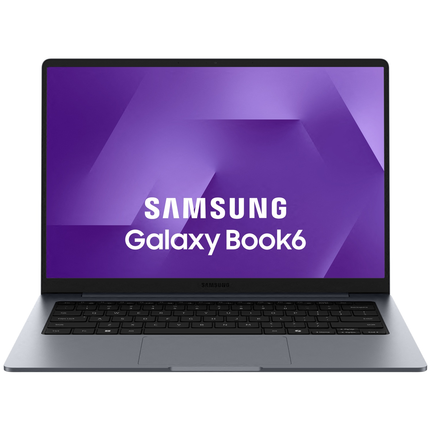 A gray Samsung Galaxy Book6 laptop featuring a keyboard and trackpad.