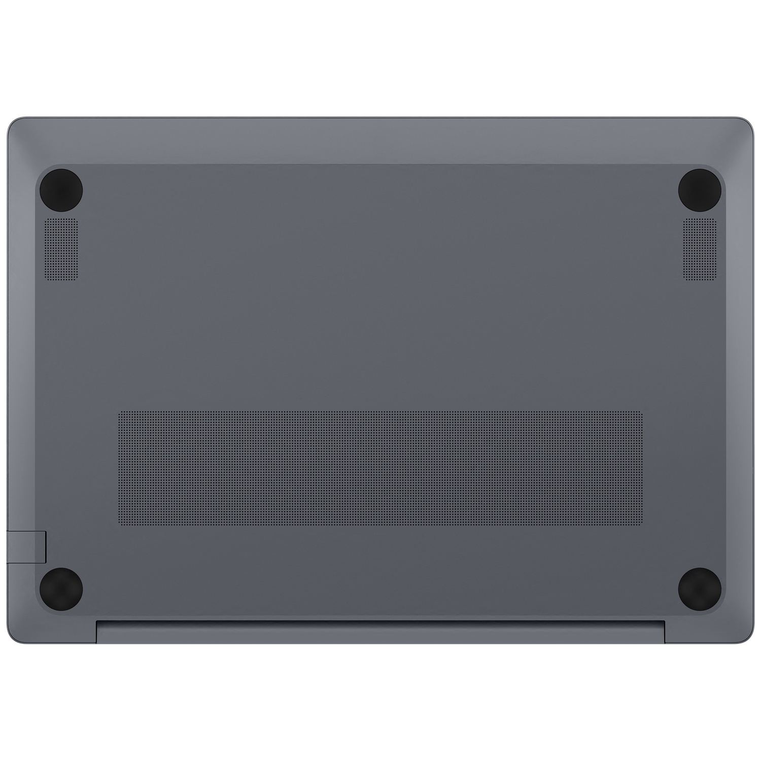Underside of a grey laptop with ventilation grilles and rubber feet.