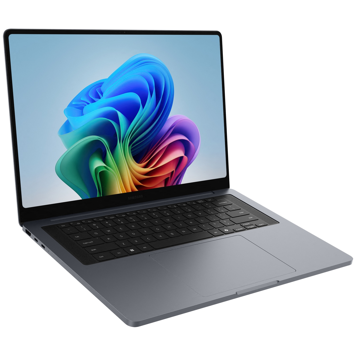 Een grijze Samsung laptop met een kleurrijke achtergrondafbeelding op het scherm.