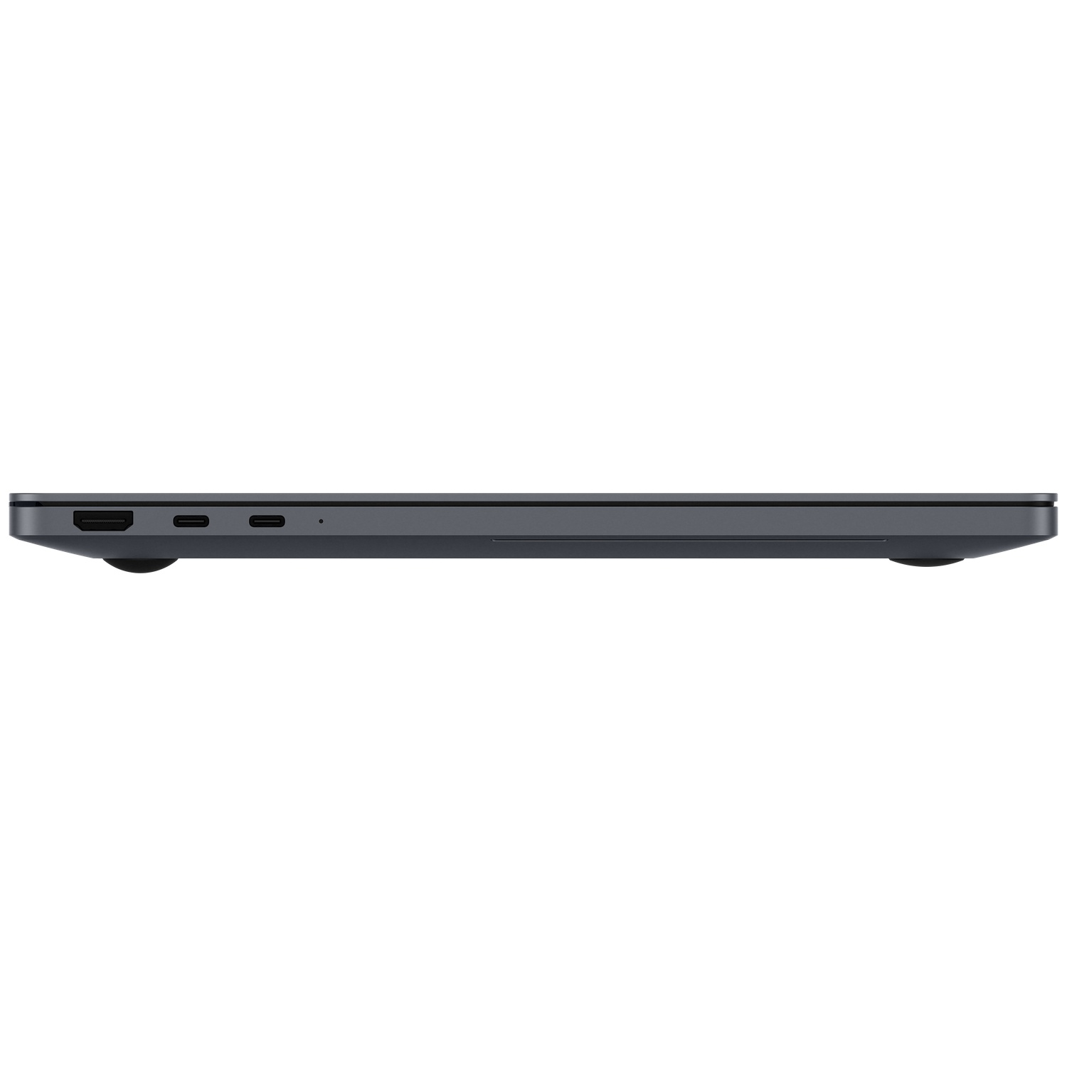 Zijaanzicht van een gesloten donkere laptop met poorten aan de zijkant.