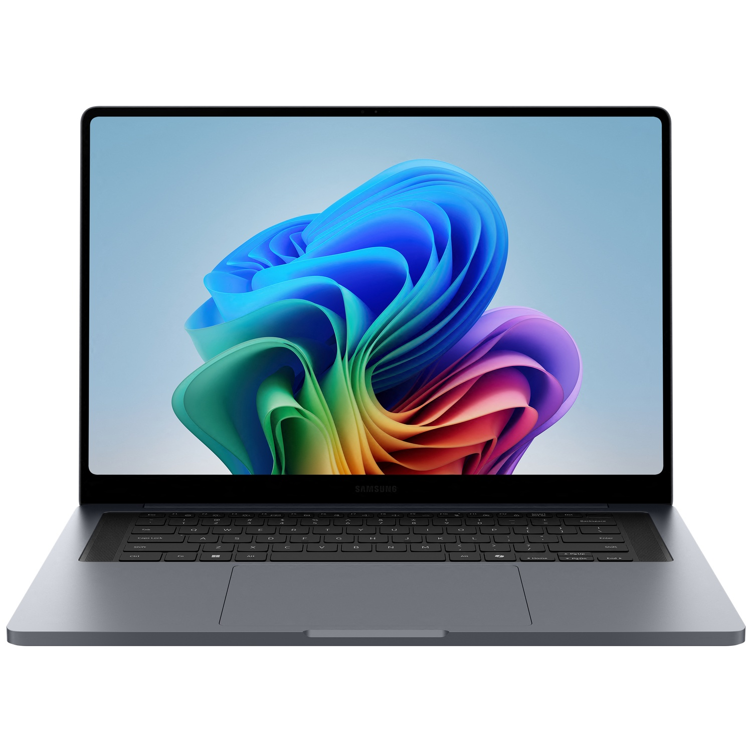 Een grijze Samsung laptop met een kleurige, abstracte achtergrondafbeelding op het scherm.