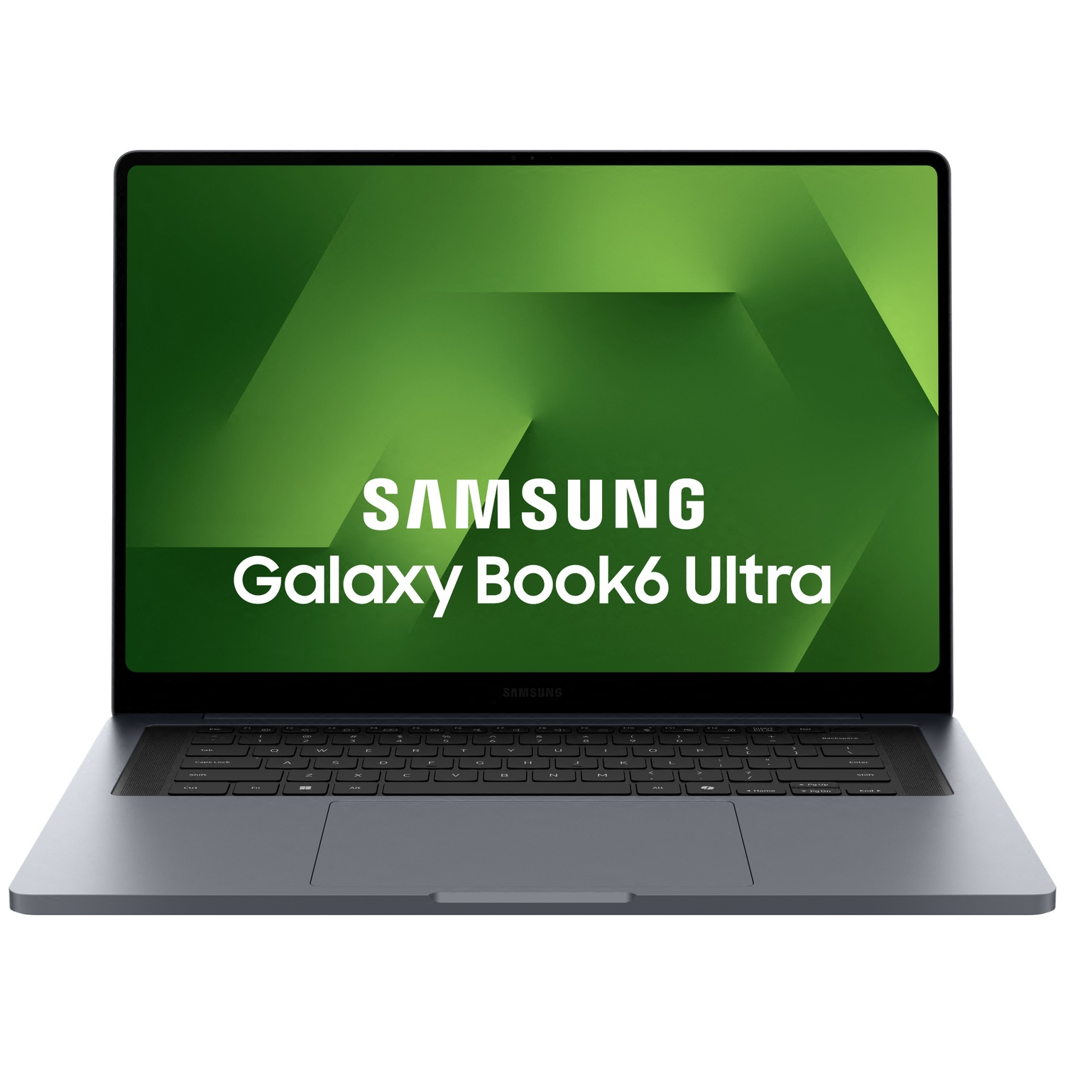Een Samsung Galaxy Book6 Ultra laptop met een donkere behuizing en groene achtergrond.