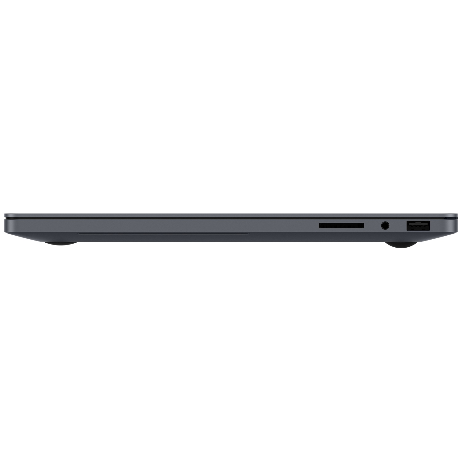 Zijaanzicht van een donkere laptop met USB- en SD-kaartsleuven.
