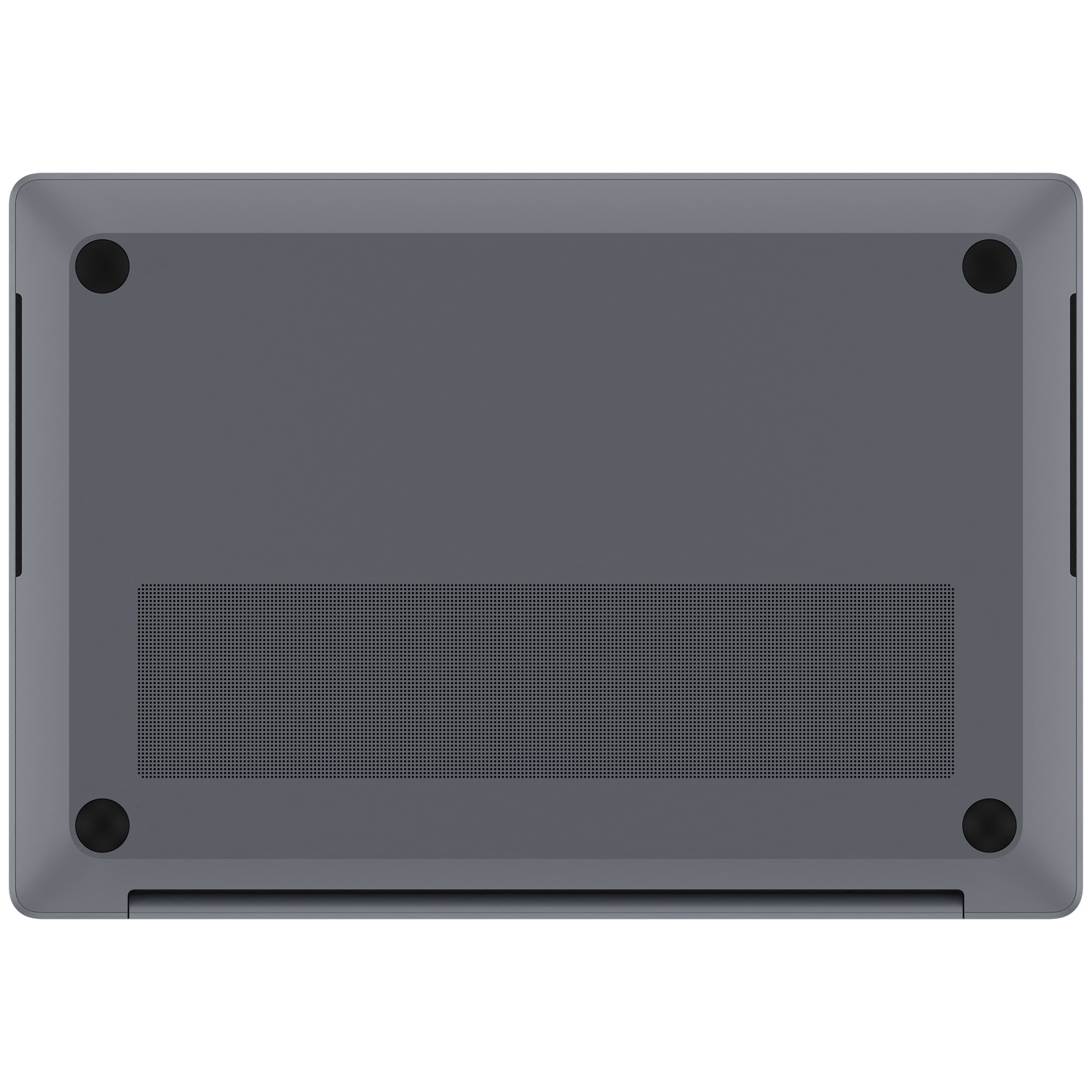 Onderkant van een grijze laptop met ventilatieroosters en vier rubberen voetjes.