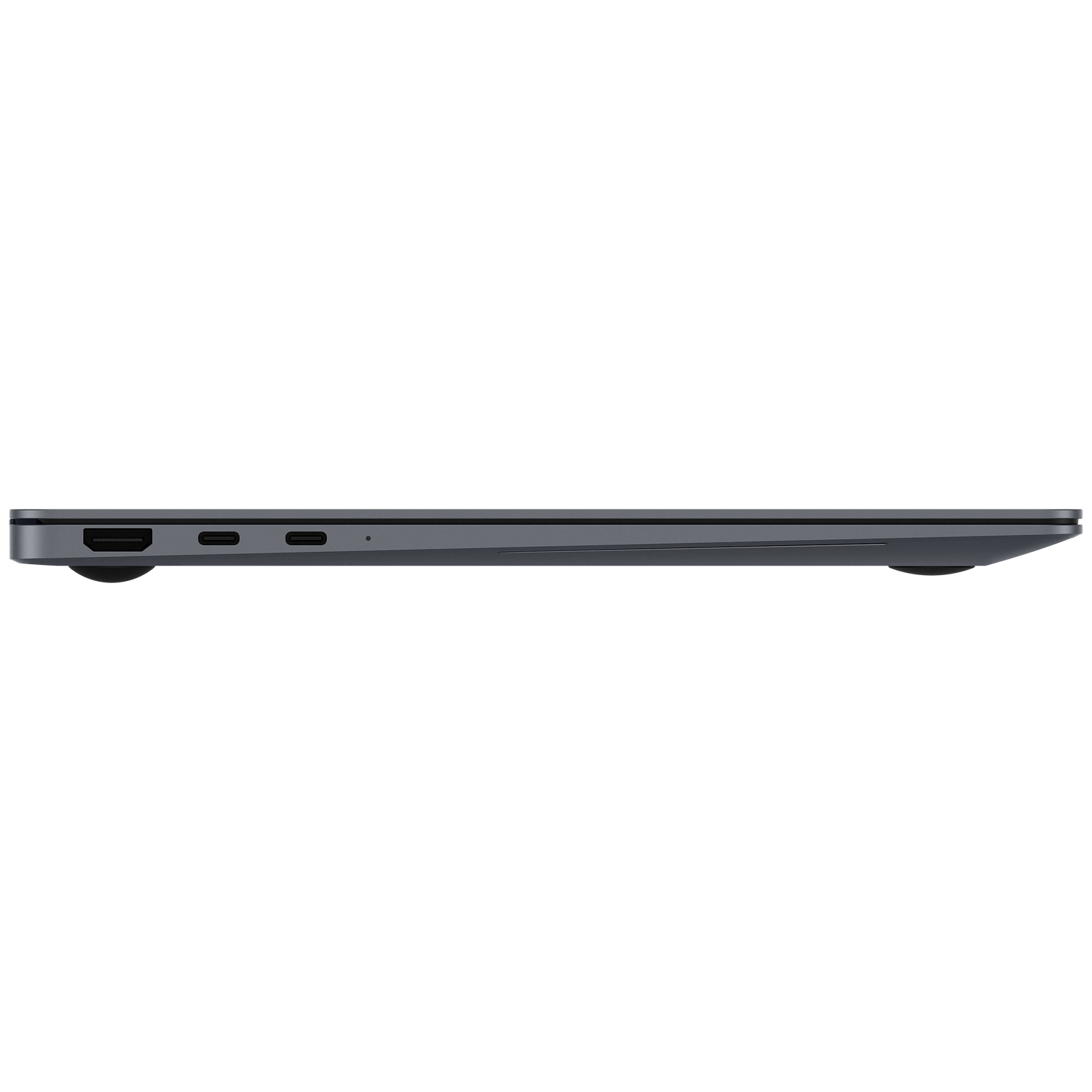 Ordinateur portable gris de profil, avec ports et grille de haut-parleur.