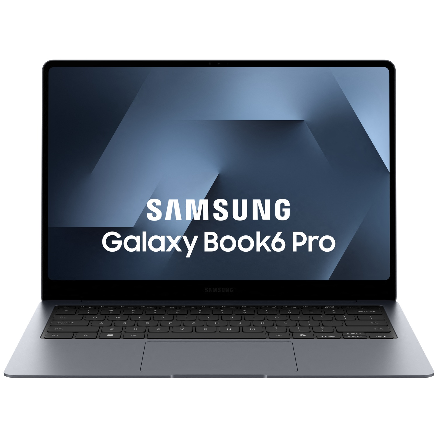 Un ordinateur portable Samsung Galaxy Book6 Pro ouvert avec un fond sombre à l'écran.