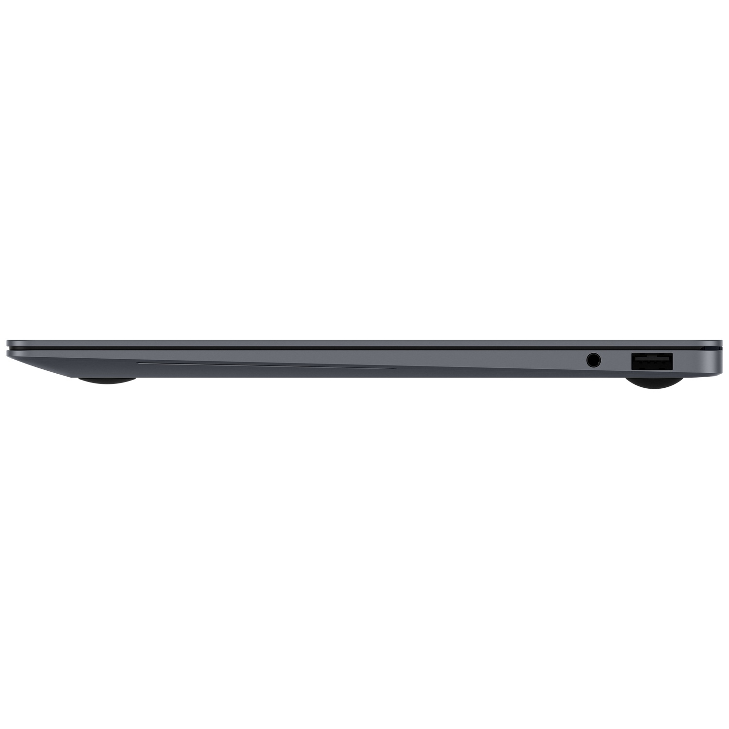 Vue latérale d'un ordinateur portable sombre montrant les ports : USB, prise casque.