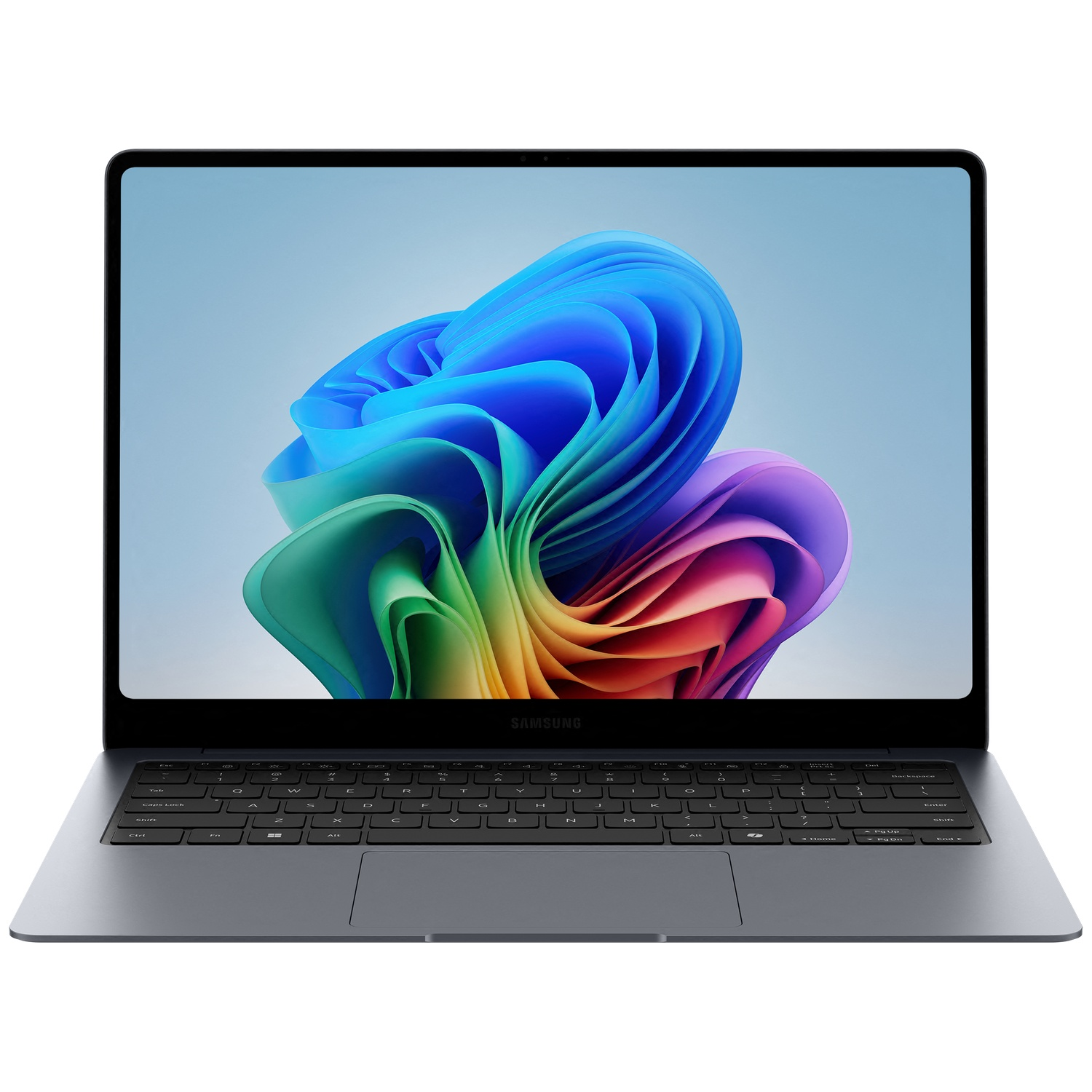 Een open Samsung laptop met een kleurige abstracte achtergrondafbeelding.