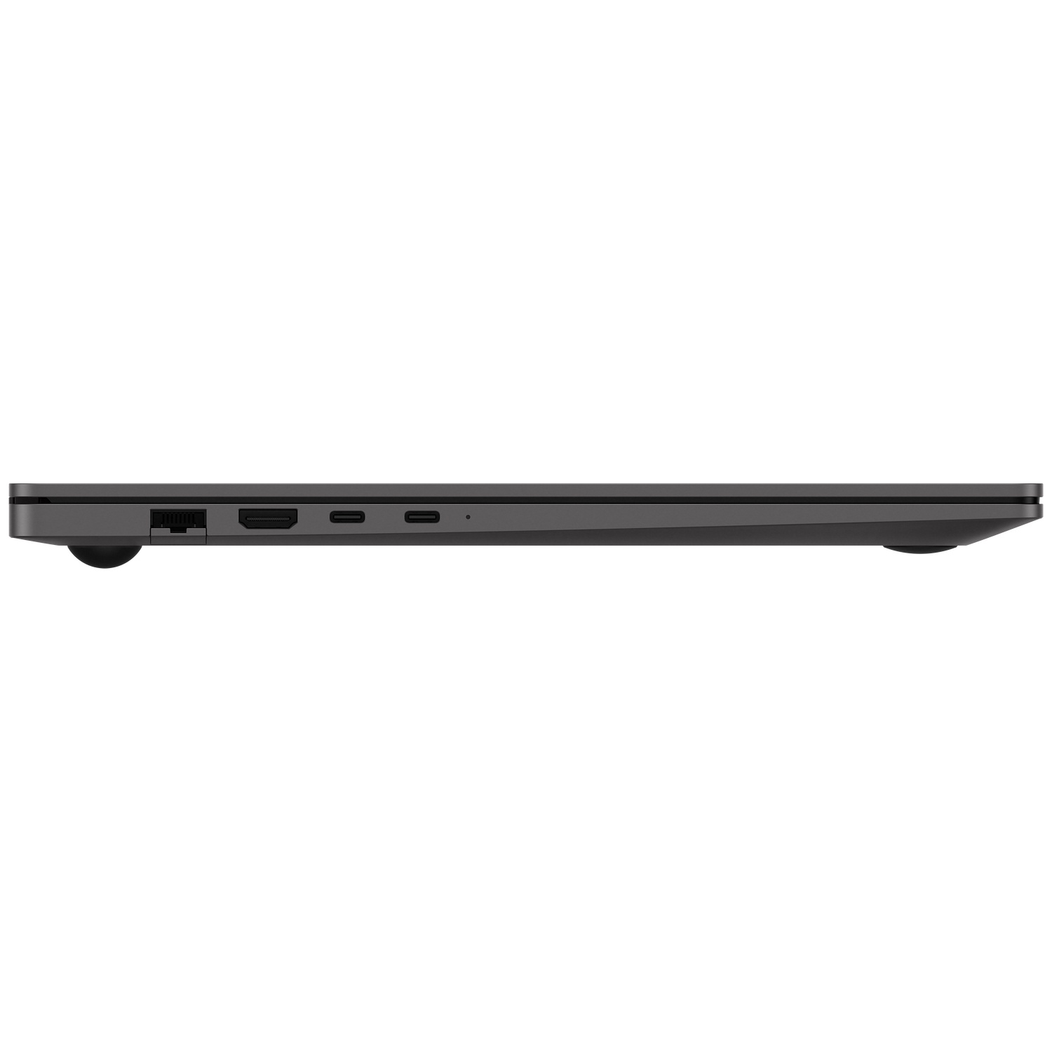 Profil d'ordinateur portable gris montrant les ports Ethernet, HDMI et USB-C.