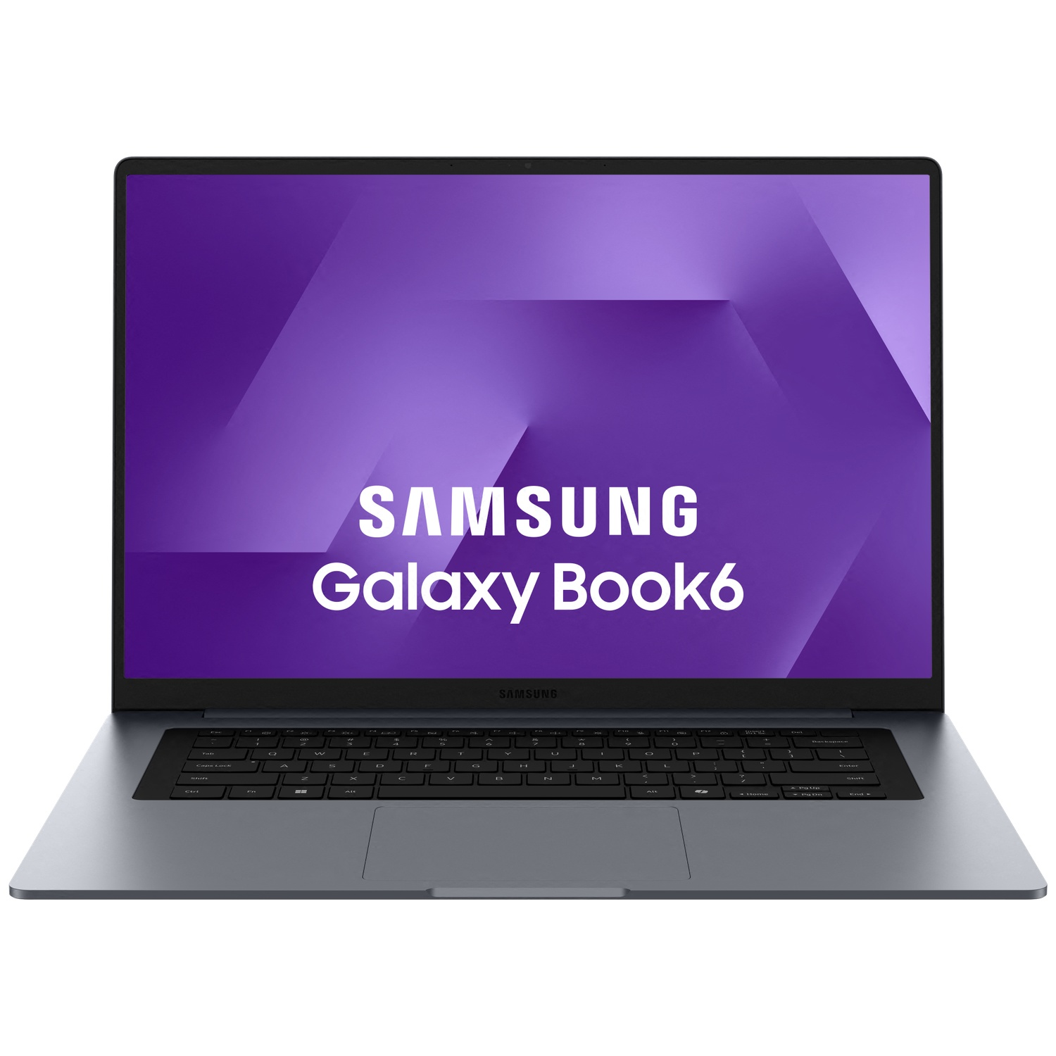 Un ordinateur portable Samsung Galaxy Book6 gris, écran allumé, affichant le logo Samsung et le texte 'Galaxy Book6'.