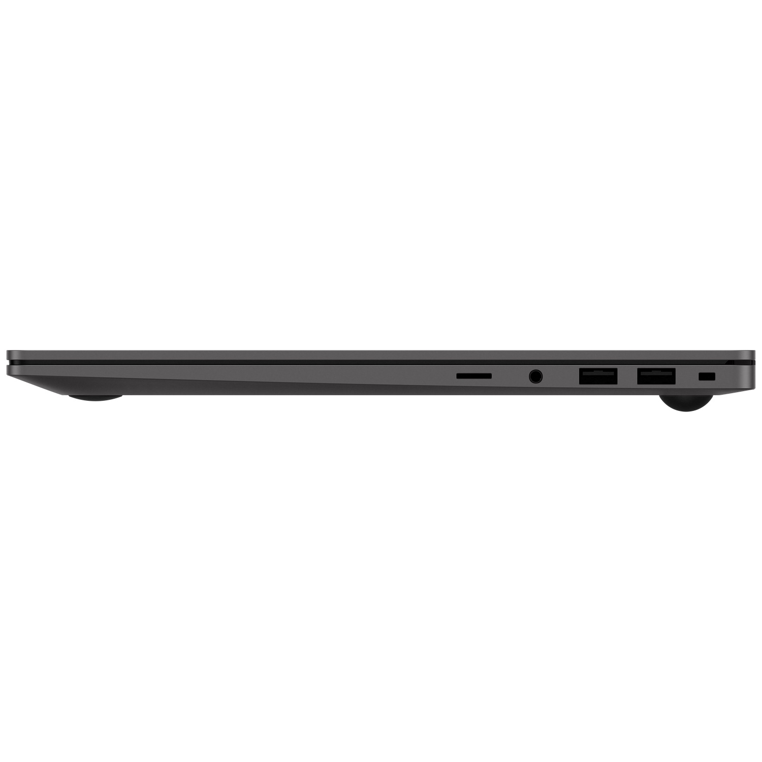 Profil d'ordinateur portable gris foncé montrant les ports : USB-C, casque, 2x USB-A, carte SD.