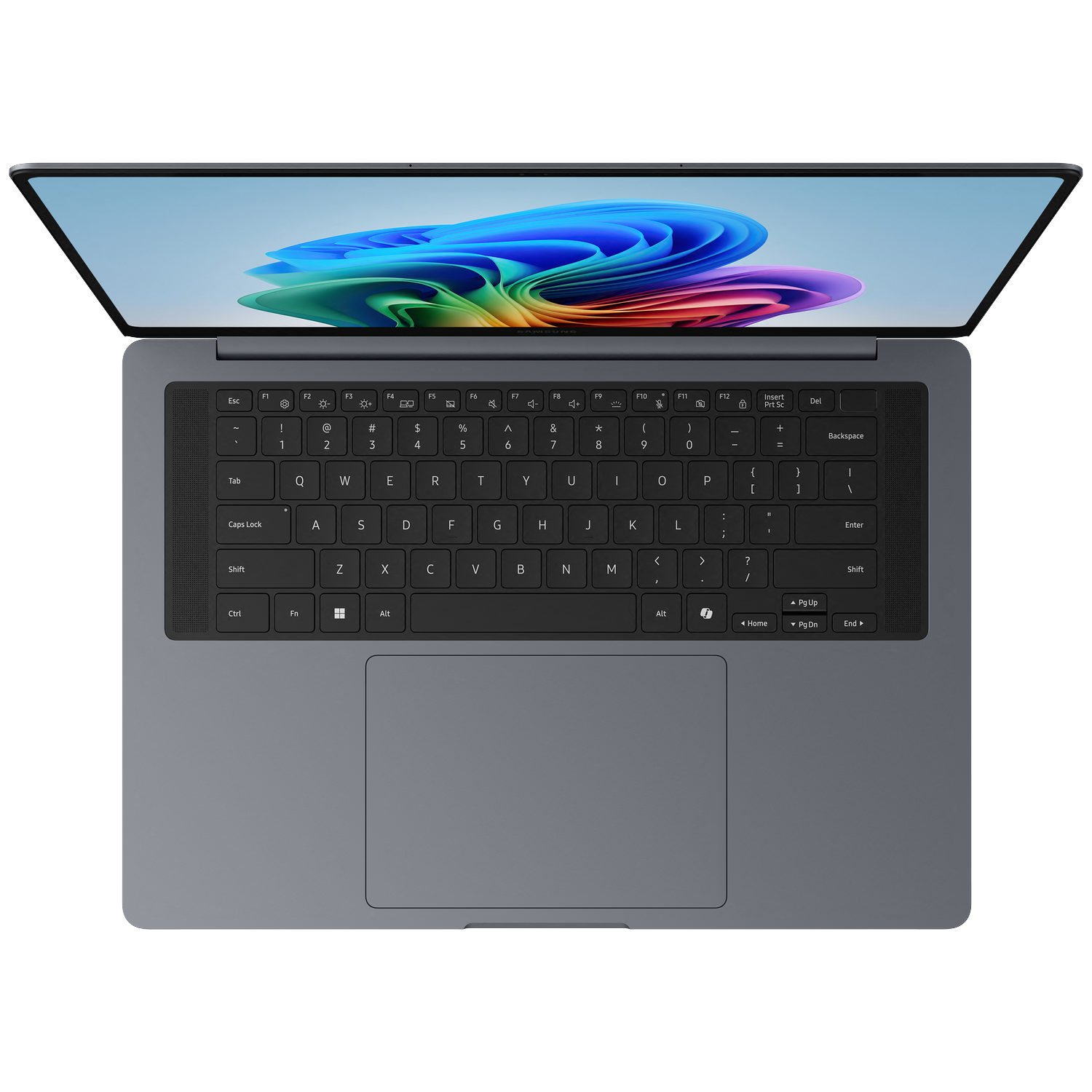 A grey laptop with its lid open, displaying a colorful wallpaper on the screen.