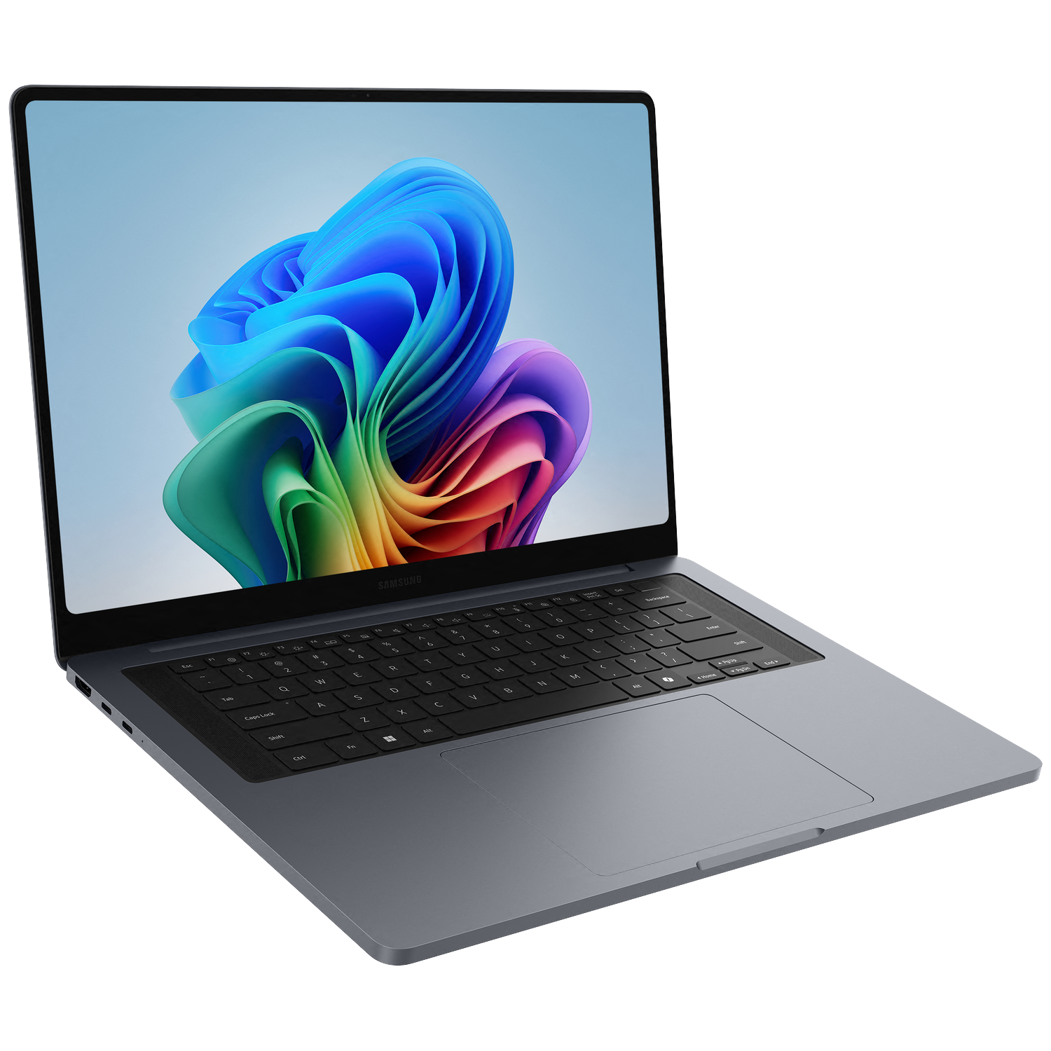 A gray Samsung laptop displaying a colorful abstract background on its screen.