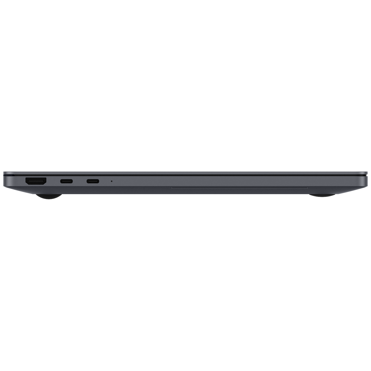 Dark gray thin laptop side view with ports: HDMI, 2x USB-C.