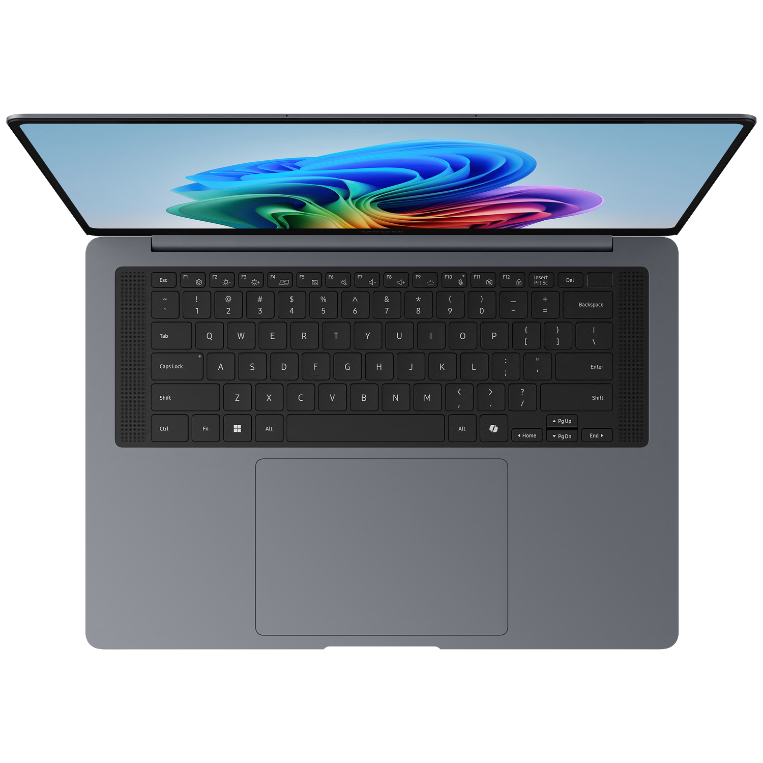 Gray laptop with open screen displaying a colorful wallpaper. Keyboard and trackpad visible.
