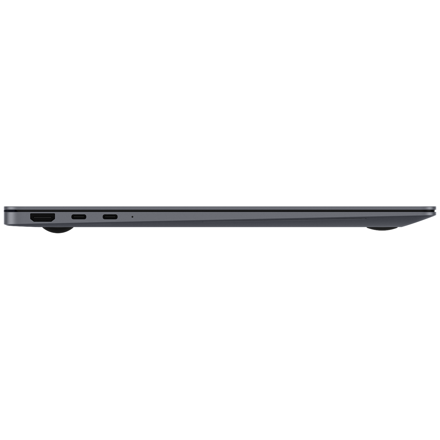 Side profile of a gray laptop showing ports: HDMI, USB-C, and another USB-C.