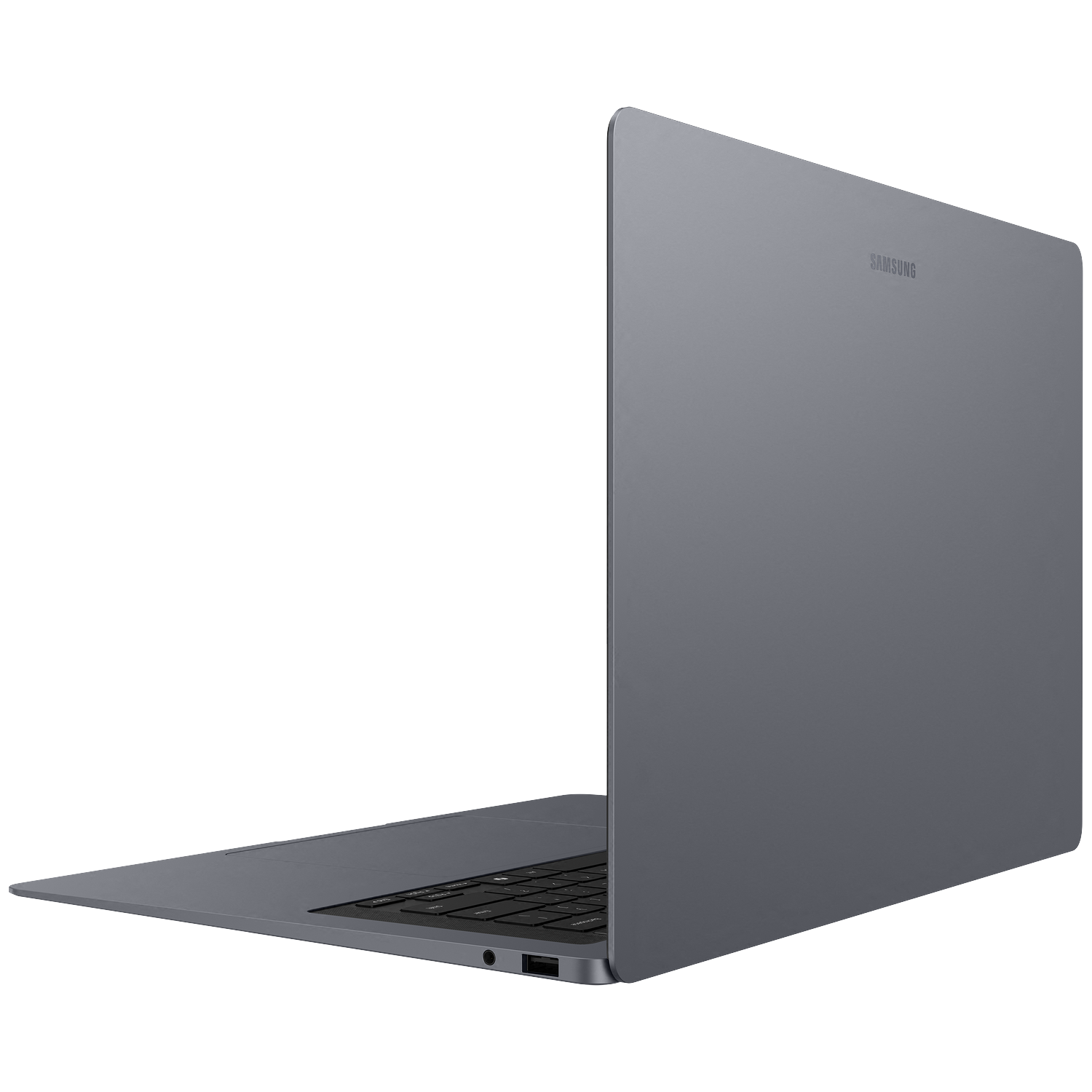 Gray Samsung laptop with keyboard and ports, seen from the side.
