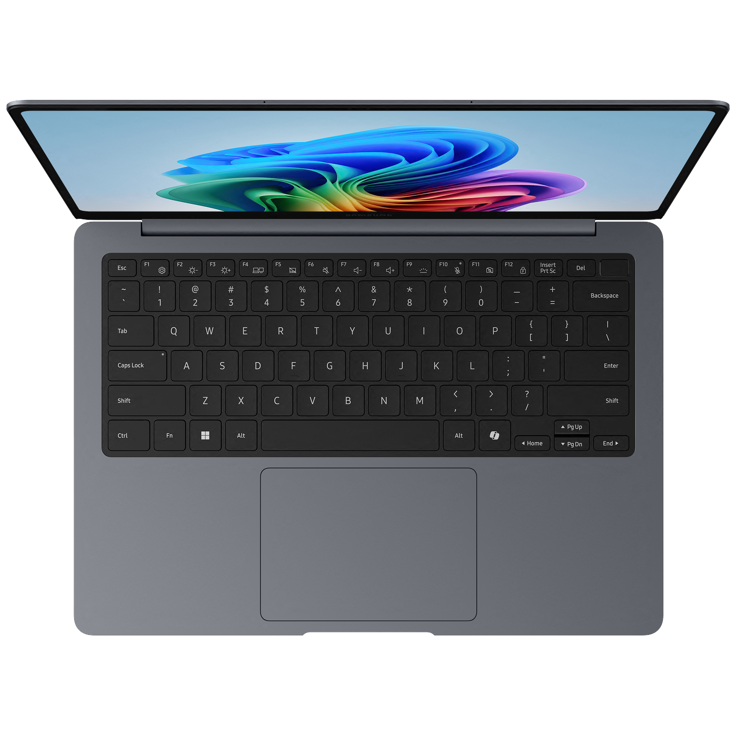 An open laptop with a dark casing, displaying a colorful desktop wallpaper.