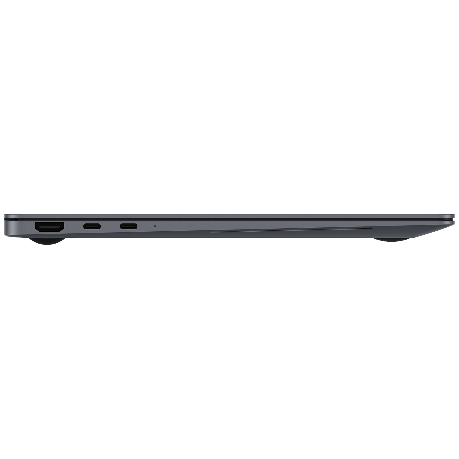 Top view of a closed laptop, side profile showing ports.