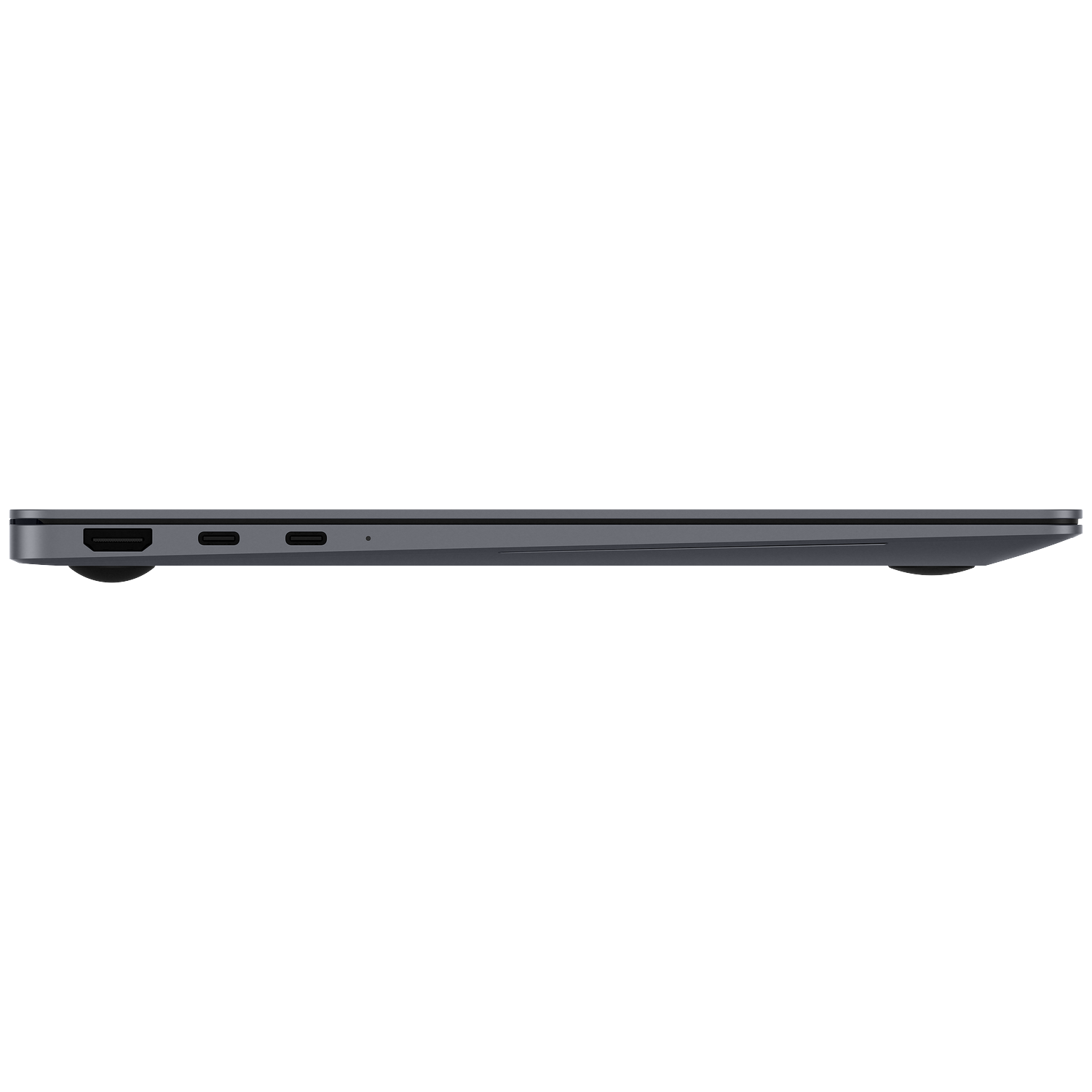 Gray, thin laptop profile with ports on the side.