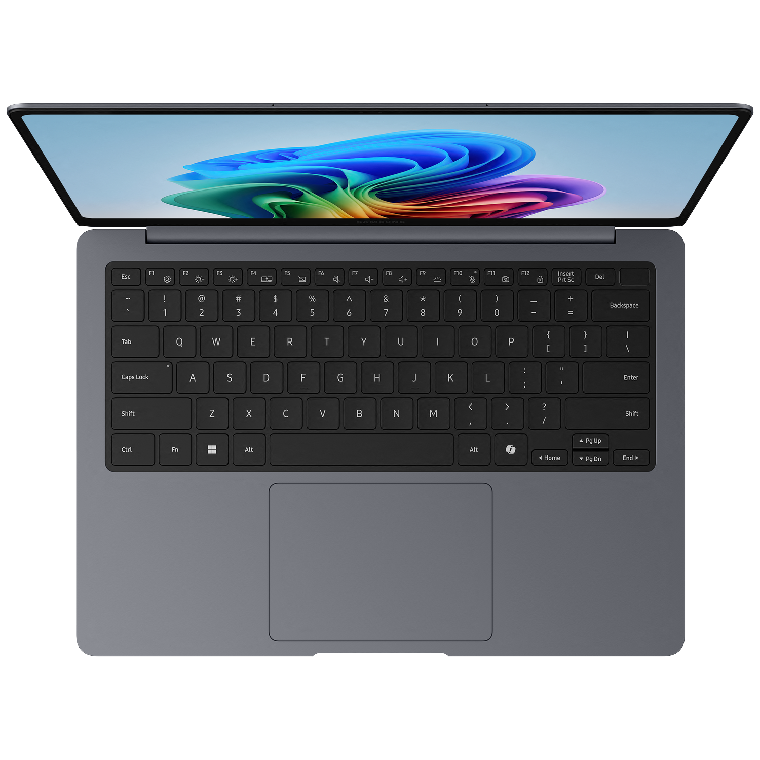 A dark laptop with its screen open, displaying a colorful abstract wallpaper.
