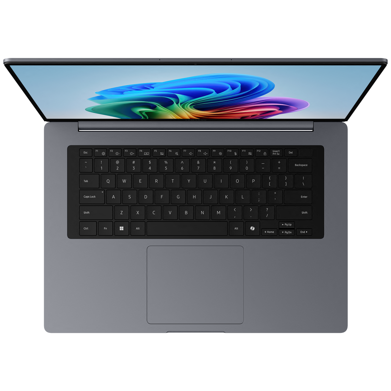 Een grijze laptop met open scherm, met een kleurrijk abstract patroon.