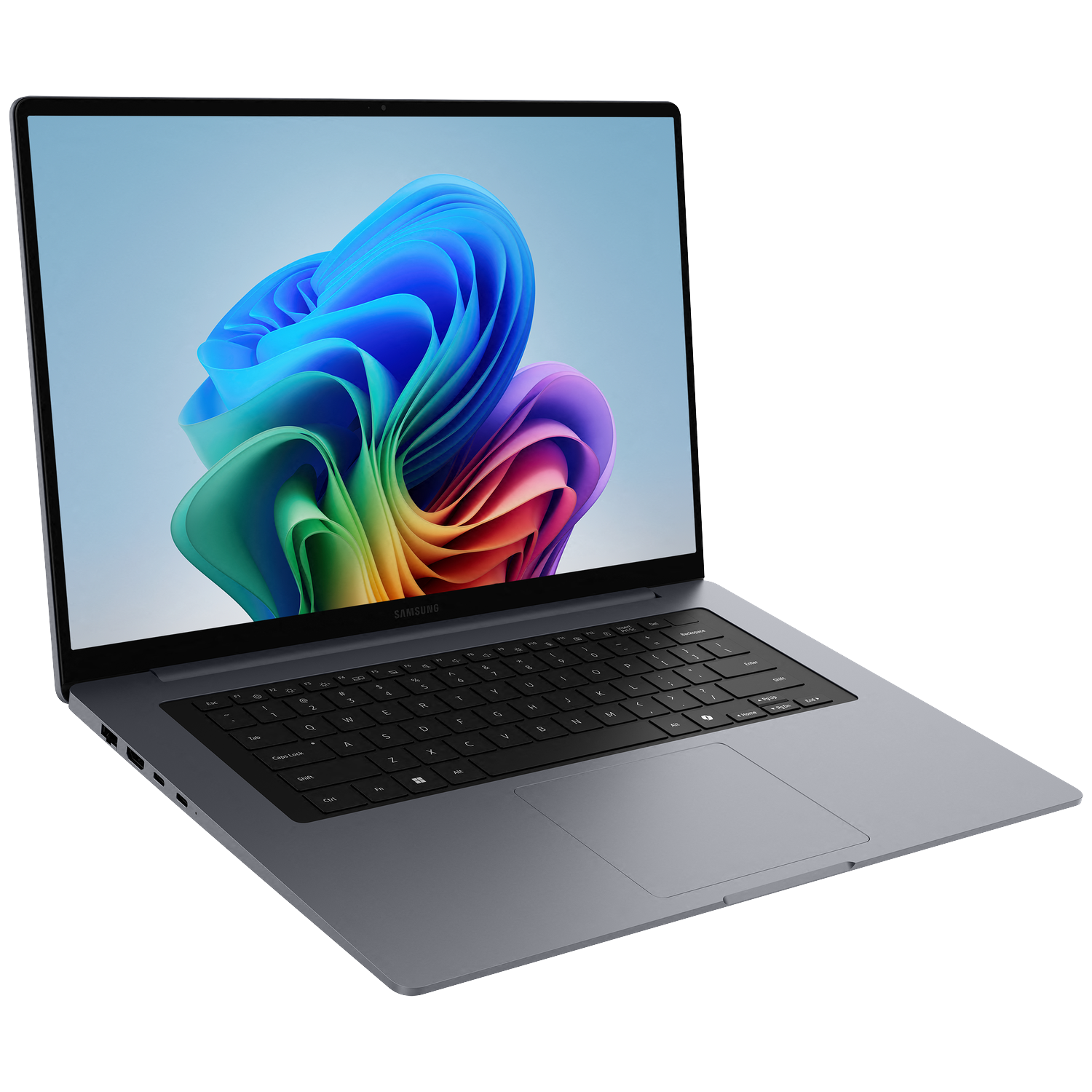 Een open Samsung laptop met een kleurrijke abstracte achtergrondafbeelding.