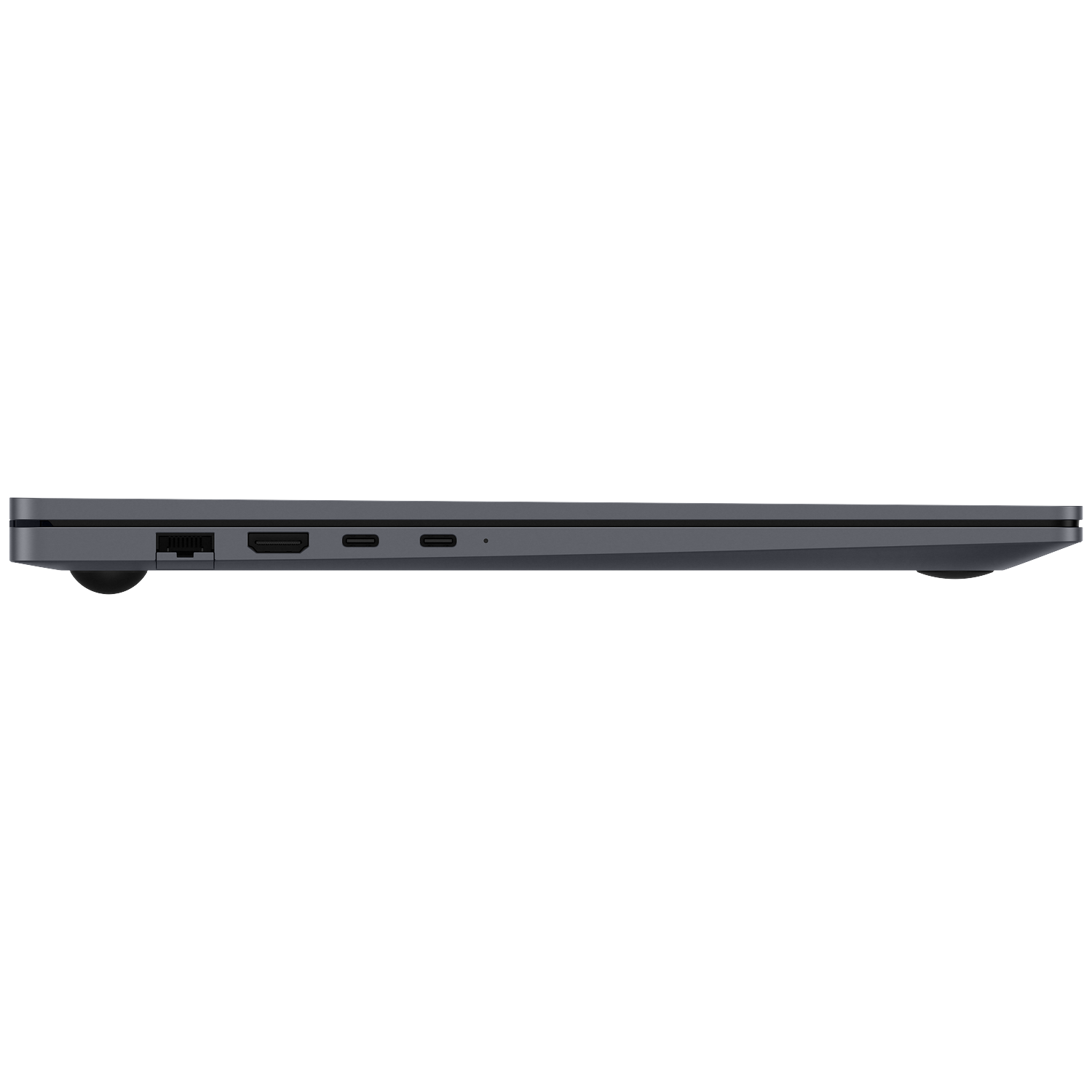 Zijaanzicht van donkere laptop met poorten: Ethernet, HDMI, USB-C.