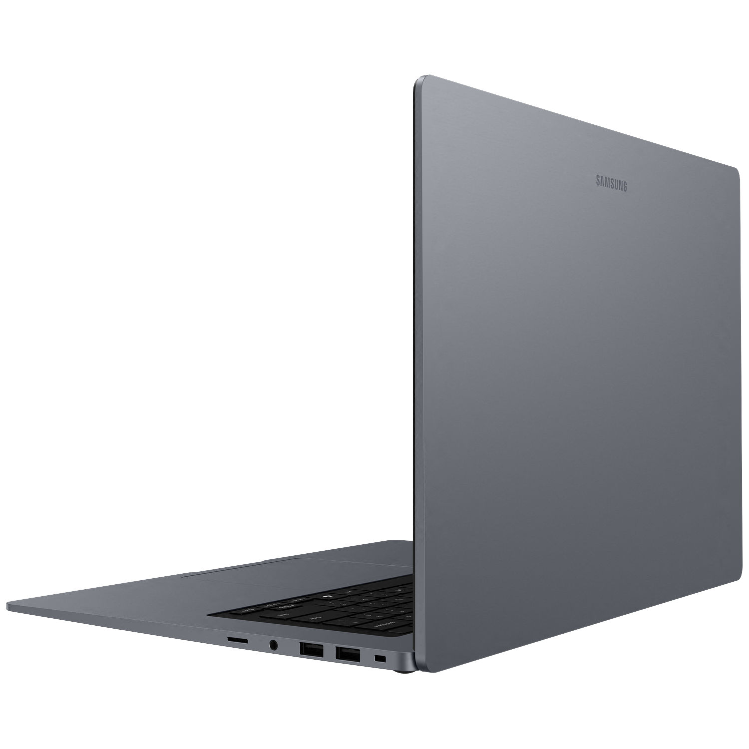 Een grijze Samsung laptop met open scherm, tegen een witte achtergrond.